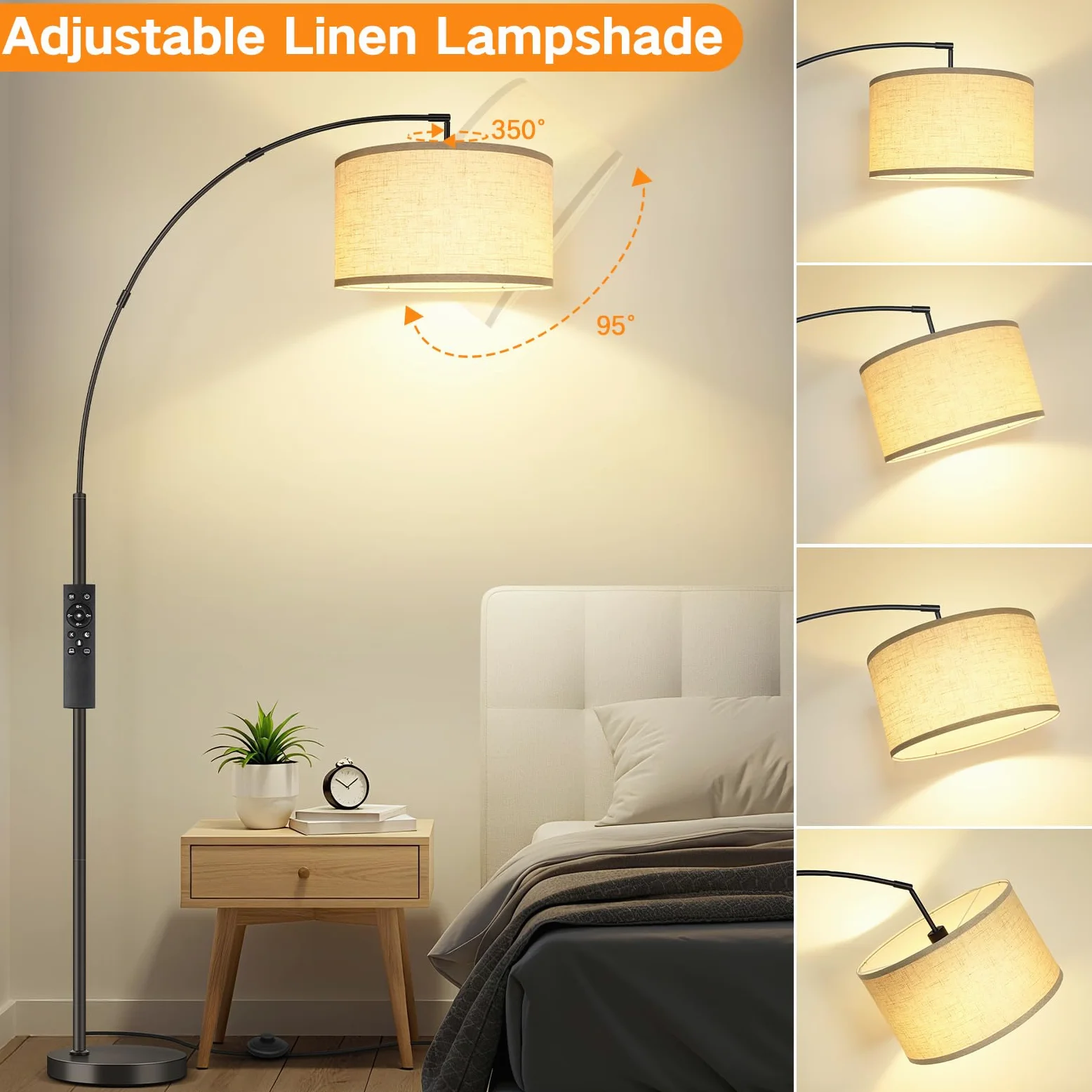 OUTON Lampada da Terra ad Arco, Lampada ad Arco Moderna con Telecomando e Interruttore a Pedale, Paralume Beige da 40cm, Lampadina E27, Piantana LED da 205cm per Soggiorno, Camera da Letto, Ufficio