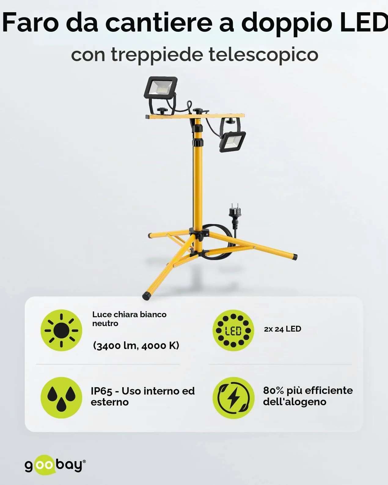 Goobay 57845 Faretto da costruzione a LED su stativo telescopico 2 x 20W / 3400lm / Luce bianca neutra - 4000K / Per uso interno ed esterno - IP65 / Nero/Giallo