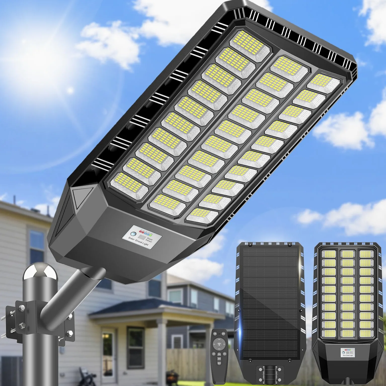 Adewalk 2200W Lampione Solare Led Esterno con Telecomando, IP66 Impermeabile Lampada Stradale Solare con Sensore di Movimento, 6500K Super Bright Lampioni da Giardino Esterno Solari per Garage Strada