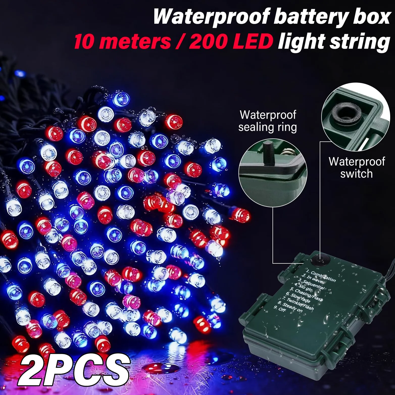 2 luci LED da 10 m, per esterni, catena di luci per albero di Natale, catena luminosa con timer a batteria, 100 LED, 8 modalità, IP67, catena luminosa per esterni e interni, ideali per Natale
