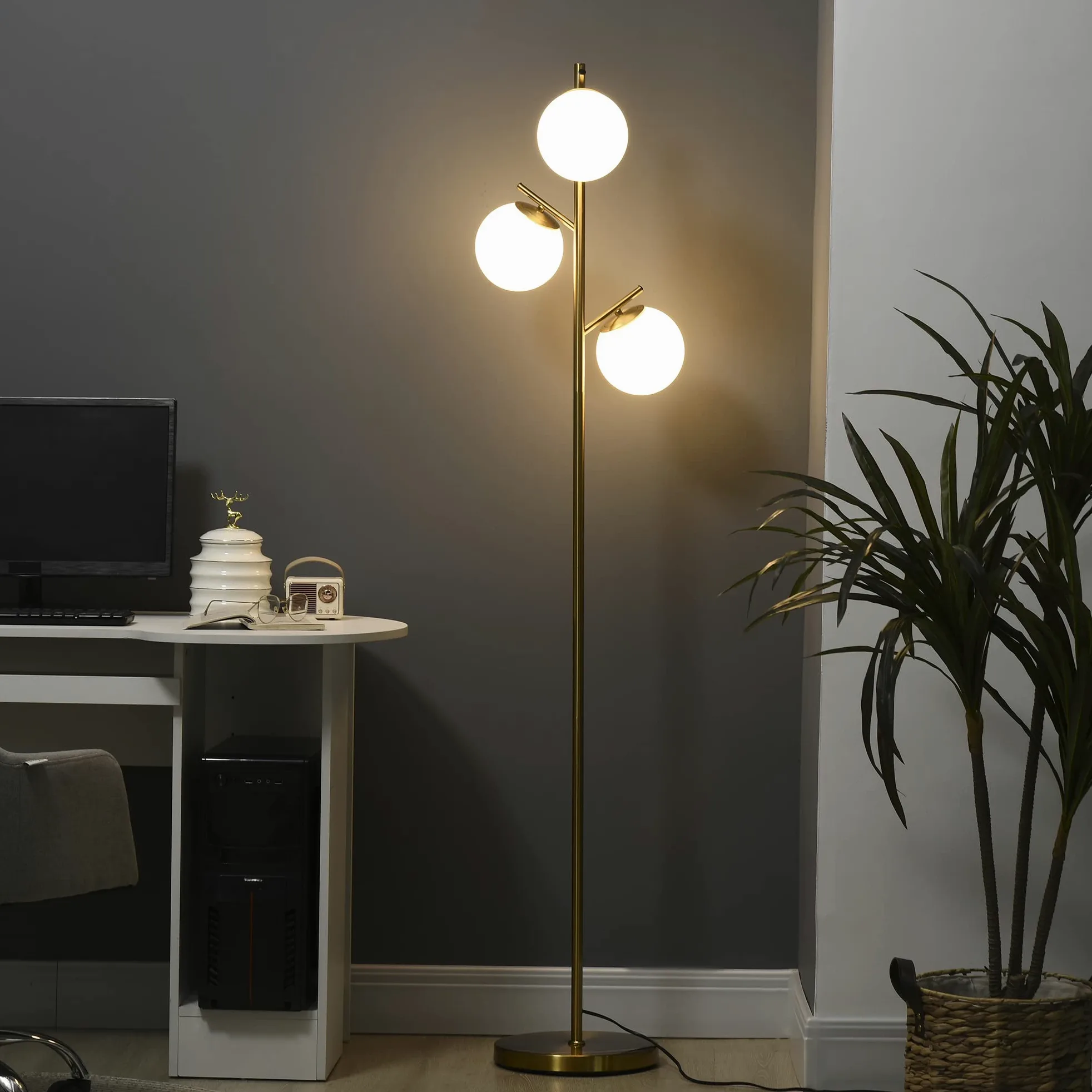 HOMCOM Lampada da Terra Moderna con 3 Punti Luce, Lampada a Piantana in Metallo e Vetro, Ø27x169cm, Oro