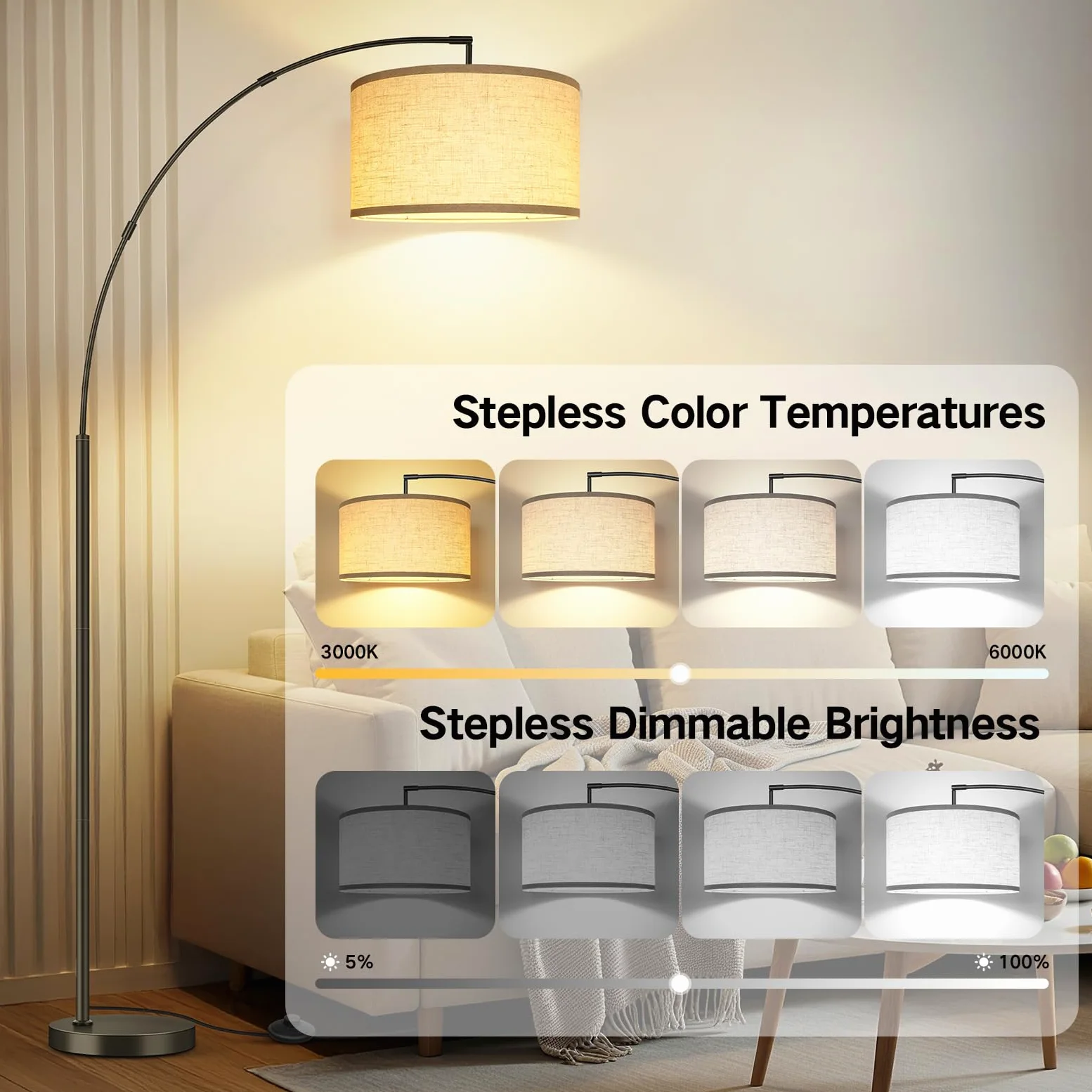 OUTON Lampada da Terra ad Arco, Lampada ad Arco Moderna con Telecomando e Interruttore a Pedale, Paralume Beige da 40cm, Lampadina E27, Piantana LED da 205cm per Soggiorno, Camera da Letto, Ufficio