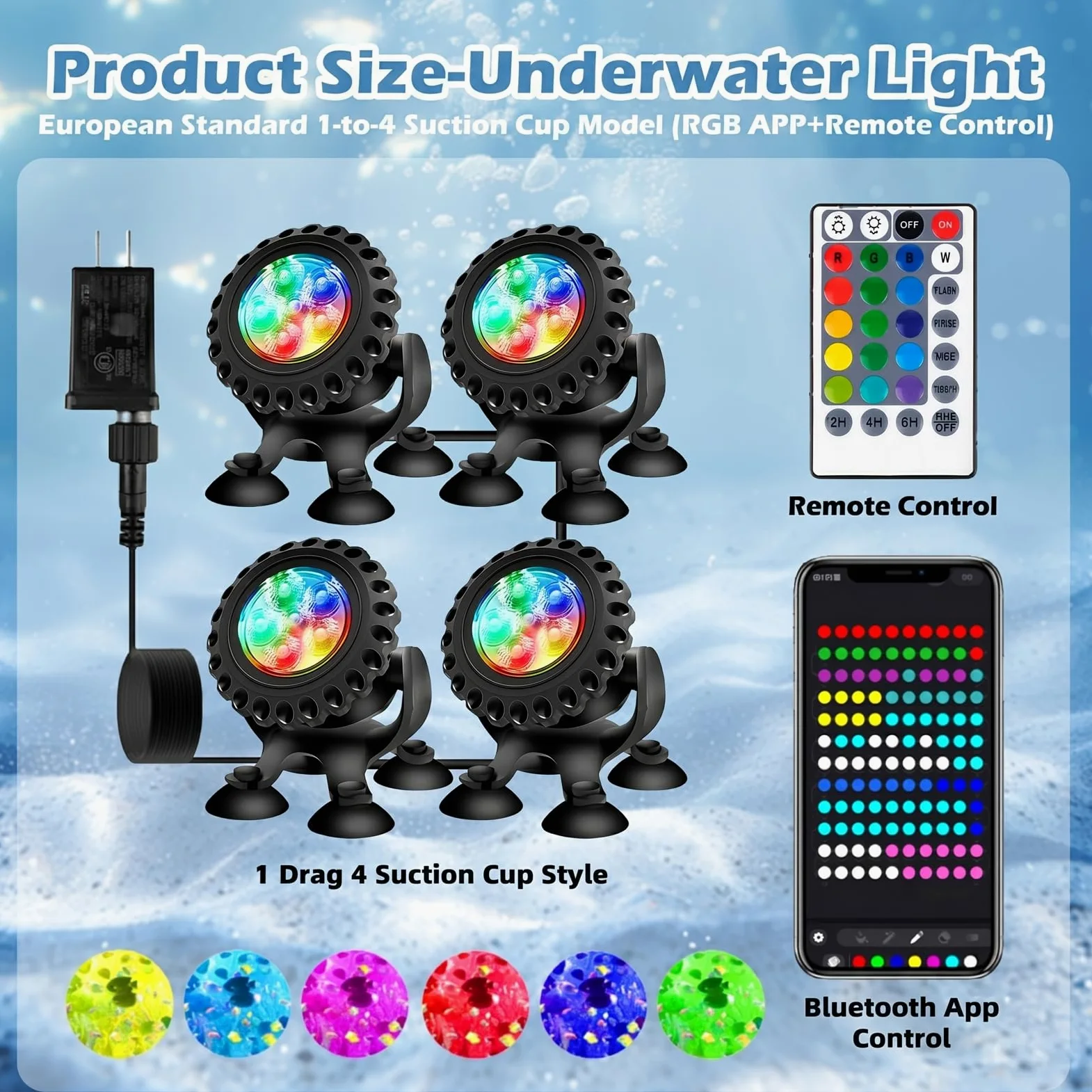 Illuminazione a LED subacquea RGB, luce subacquea, per stagno, illuminazione subacquea, con telecomando e app Bluetooth, IP68, luce subacquea per giardino, patio, albero (4 in 1)
