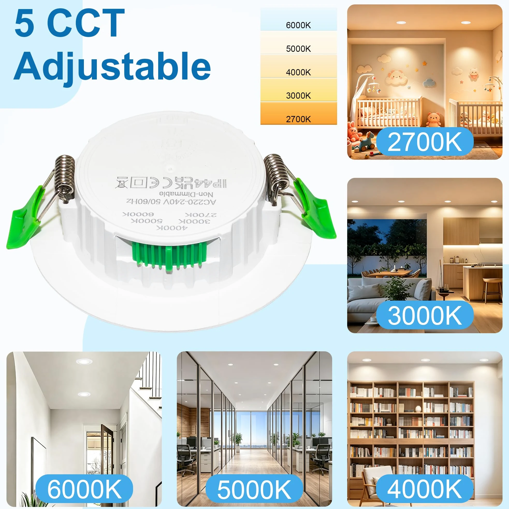 Faretti LED da Incasso Cartongesso 230V 5CCT 5W Ø68-75mm Set 10 | IP44 Ultra Slim 25mm, 5CCT Luce Calda-Neutra-Fredda, Faretti LED Soffitto per Bagno Cucina Soggiorno, Bianco