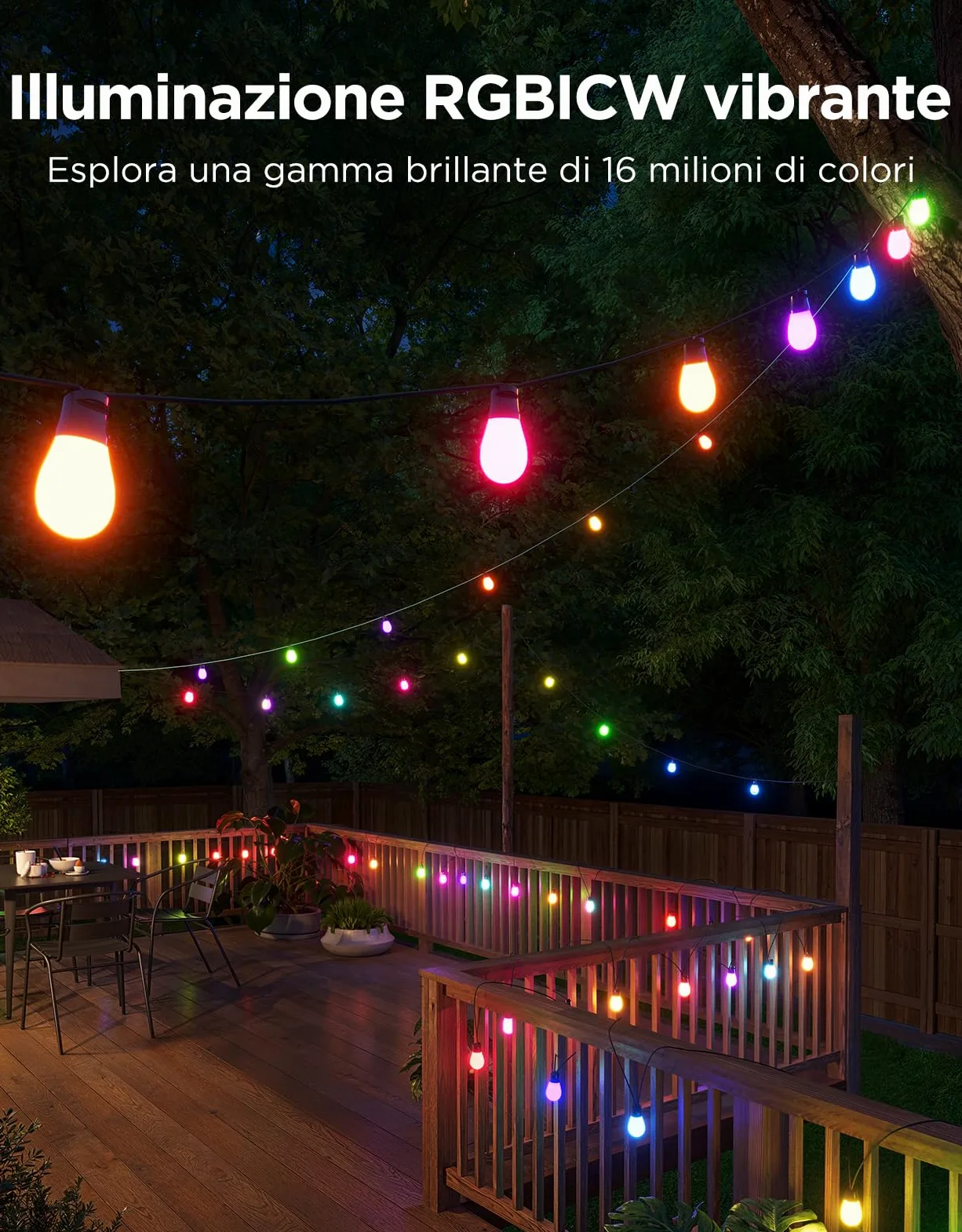 Govee Catena Luminosa Esterno, 15M Lampadine LED RGBIC Bianco Caldo, Controllo APP WiFi con Alexa Luci da Esterno, IP66 Impermeabile, 111 Modalità di Scena, Adatto per Giardino, Balcone, Gazebo