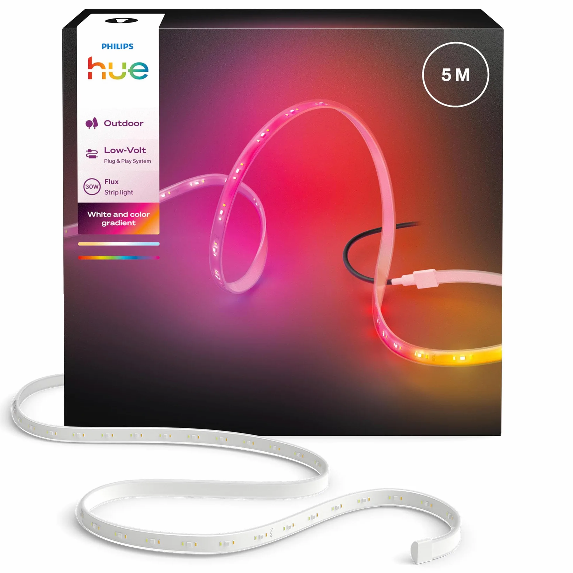 Philips Hue Flux Outdoor Striscia LED 5m, multicolore, 3.000 lm, luce per esterni flessibile, miscela colori Chromasync™, adatta a ogni condizione climatica, contr. voce e app