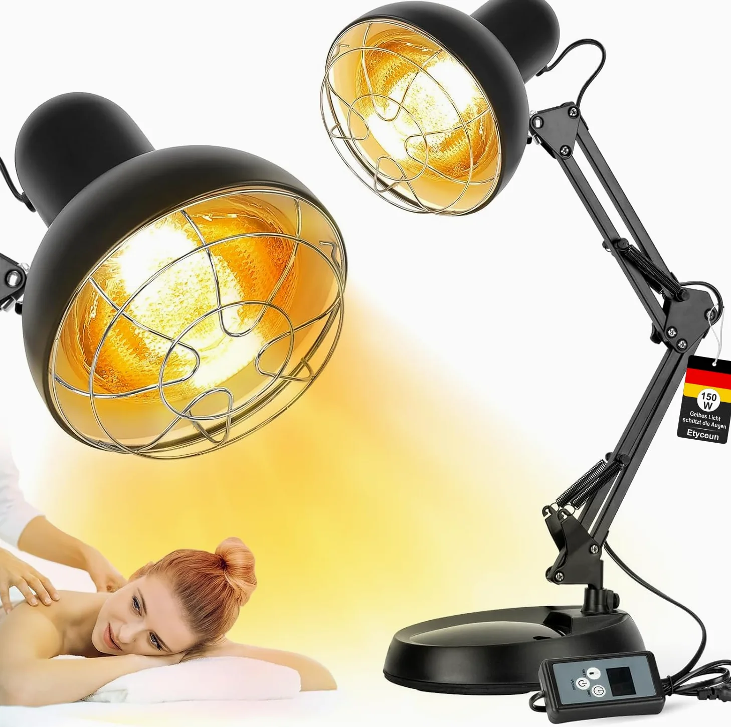 Lampada Infrarossi 150W, Terapia Luce Gialla per Sollievo del Dolore Muscolare con 10 Livelli di Regolazione della Temperatura e Timer