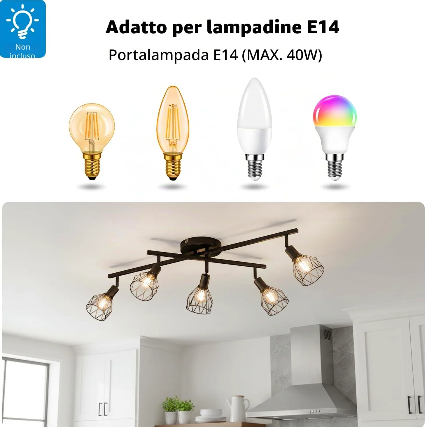 LVWIT Faretti Soffitto Nero, Faretti Orientabili con 5 Attacco E14, Faretto da Interno Moderna, Lampadario Faretti per Barra, Salotto, Cameretta, Cucina,Corridoio Illuminazione (Senza Lampadina)