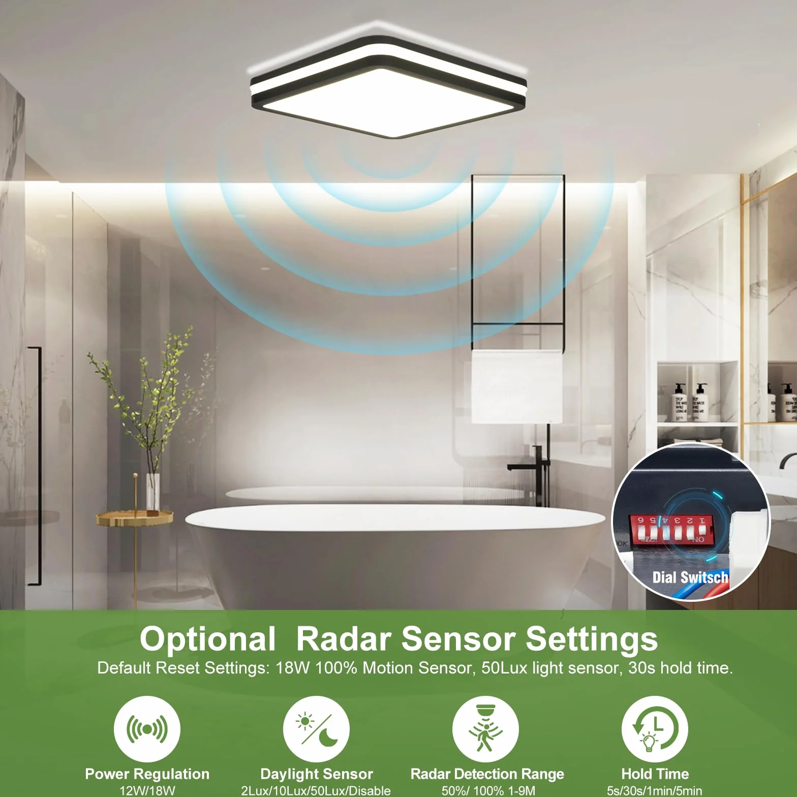 LEZOE 2er Plafoniera LED con sensore di movimento IP65 impermeabile, 18W 2700lm 150(Lm/W) lampada da soffitto con sensore 3000K/4000K/6500K Ideale per bagno, garage, corridoio, balcone 22cm Grigio