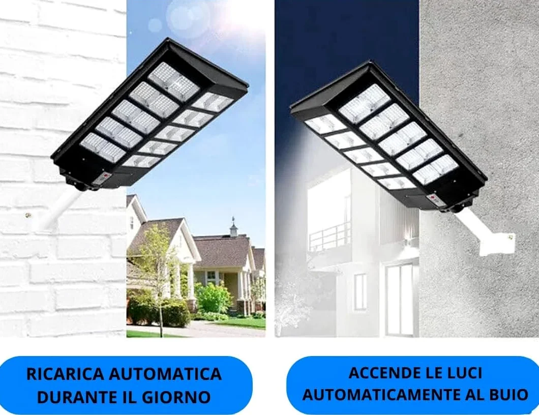 Lampione Stradale Solare Faro Led con Pannello Solare con Sensore Crepuscolare Impermeabile IP67 Luce Bianco Freddo 6500K Led Esterno con Telecomando 1500W