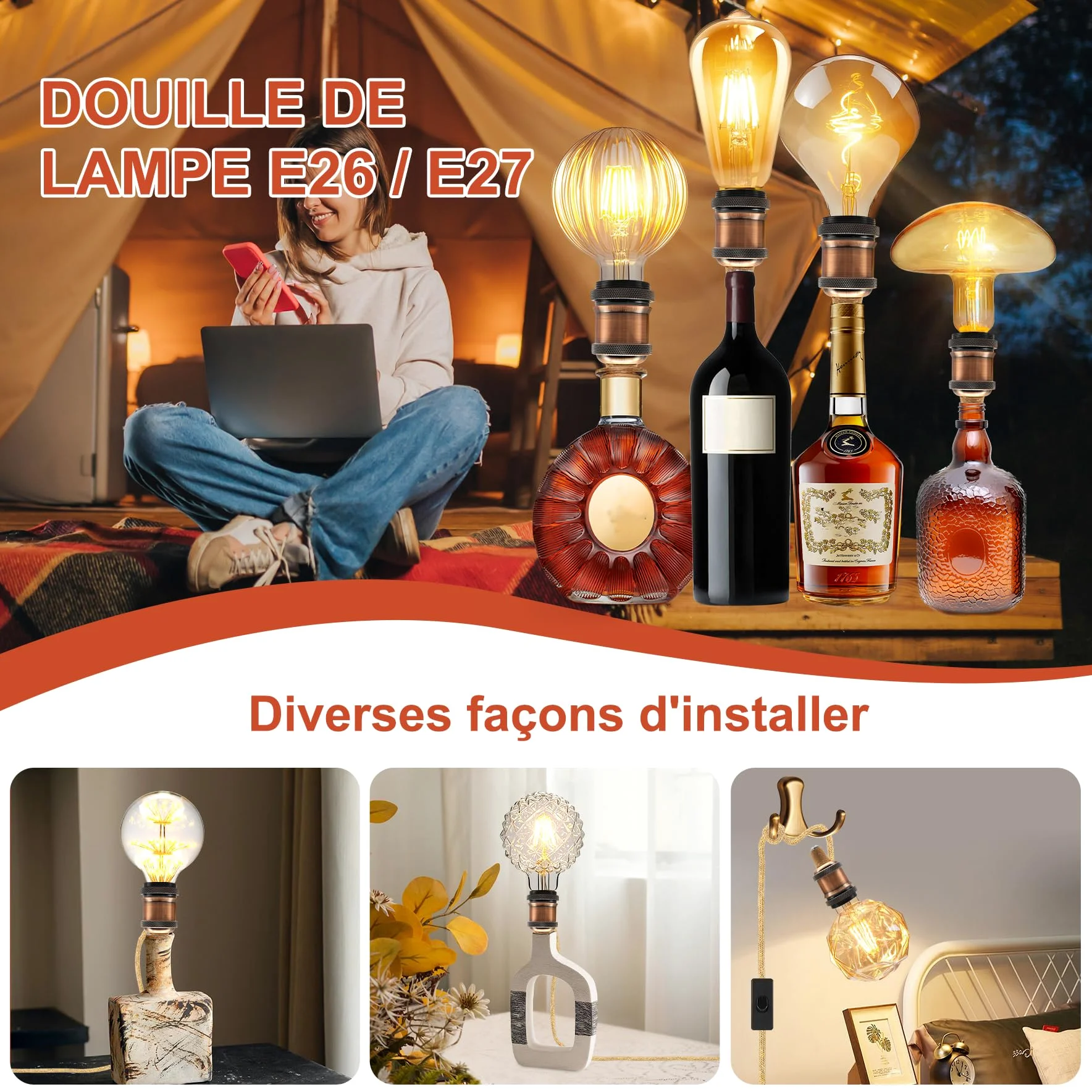 2PCS Kit Lampada Bottiglia, Portalampada E27 con Cavo di Canapa da 240CM, Supporto per Lampada Bottiglia, 3 Tappi Flessibili, Adattatore per Bottiglia per Portalampada, Può Fare da Paralume, Rosso