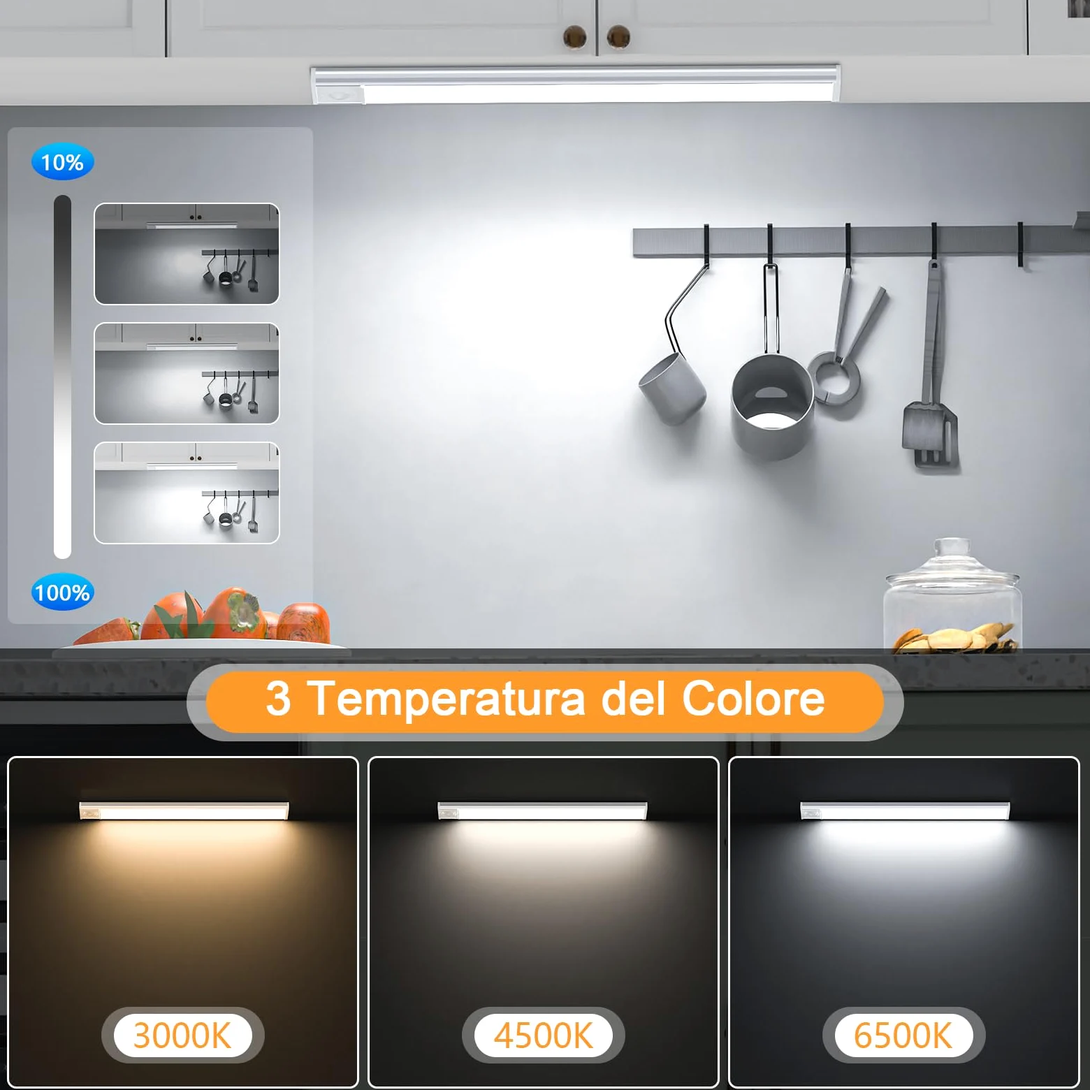 TRUMPETS 30CM Luce Armadio Con Sensore Movimento 3 Colore 2500mAh USB-C Ricaricabile, LED Sottopensile 3 Modalità Magneti, Per Cucina, Scale