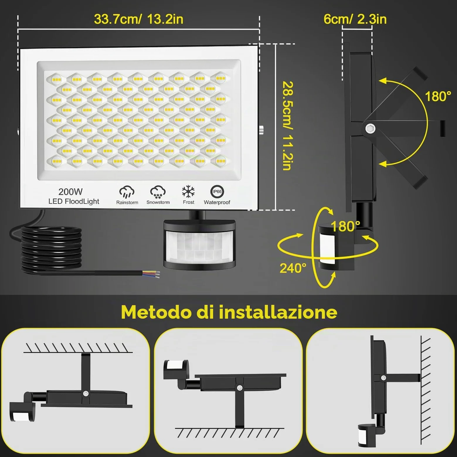 Viugreum 200W Faretto LED da Esterno con Sensore di Movimento, 20000LM 6500K Bianco Freddo Faretto LED da Esterno con Telecomando, IP66 Impermeabile Faro LED Esterno per Giardino Garage Garage