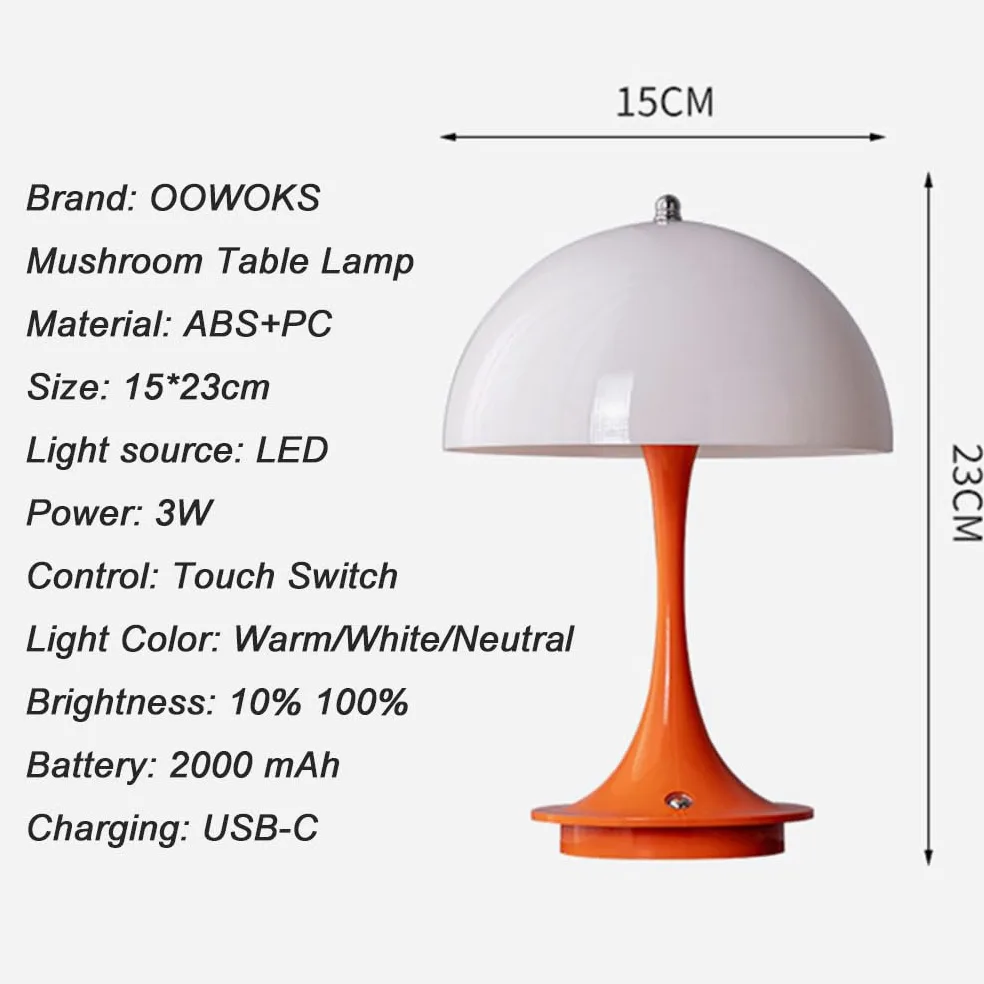 Lampada da tavolo a LED Senza fili Batteria Fungo Lampada da tavolo con Touch Dimmerabile Lampada da comodino Ricaricabile USB Lampada a fungo Moderna 3000K-6000K Luce da Scrivania a LED,Arancia