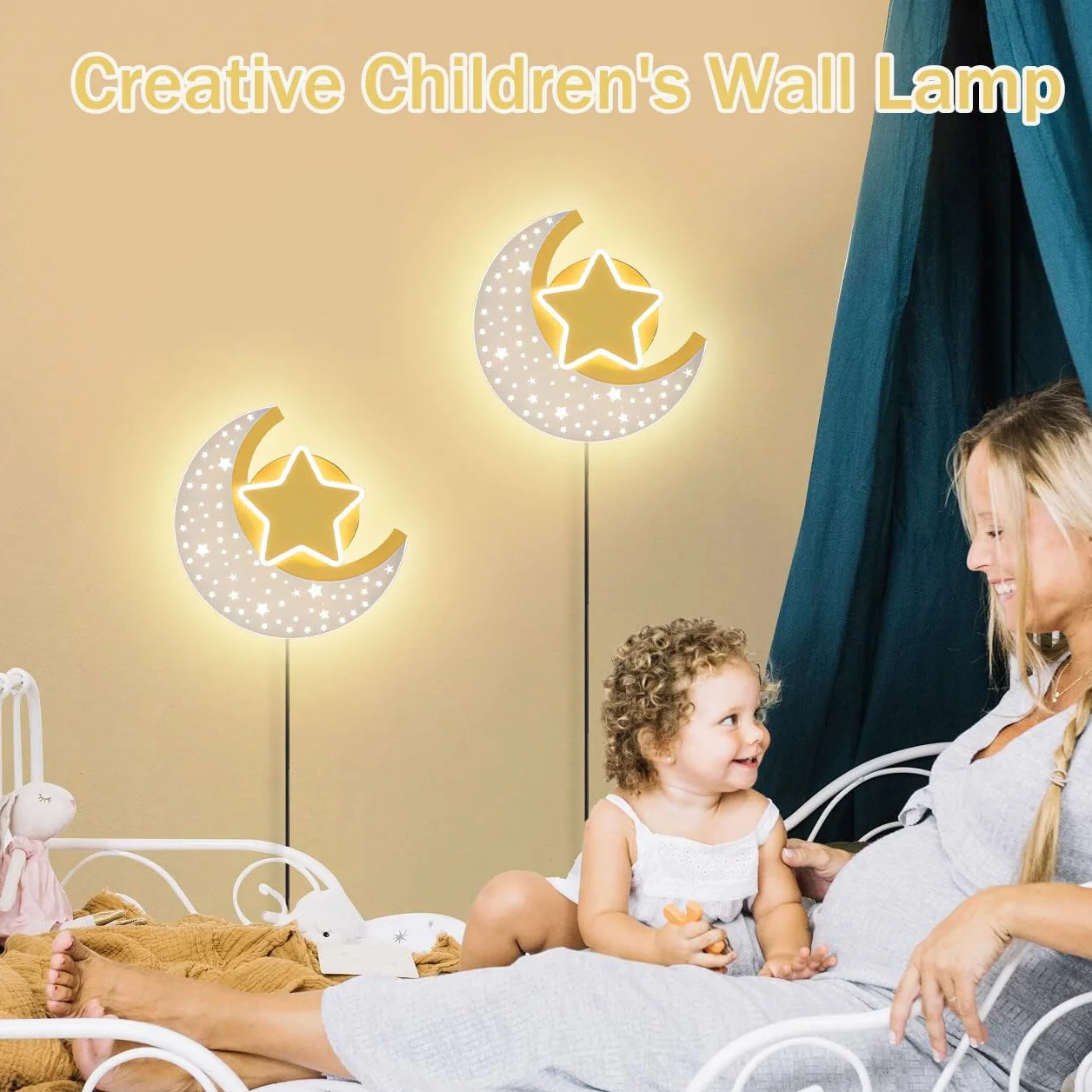 Applique da Parete per Bambini con Interruttore e Spina Dimmerabile LED Lampada da Parete Luna con Controllo Touch Ragazza ragazzo Lampada da Comodino per Camera da Letto Vivaio Stanza illuminazione