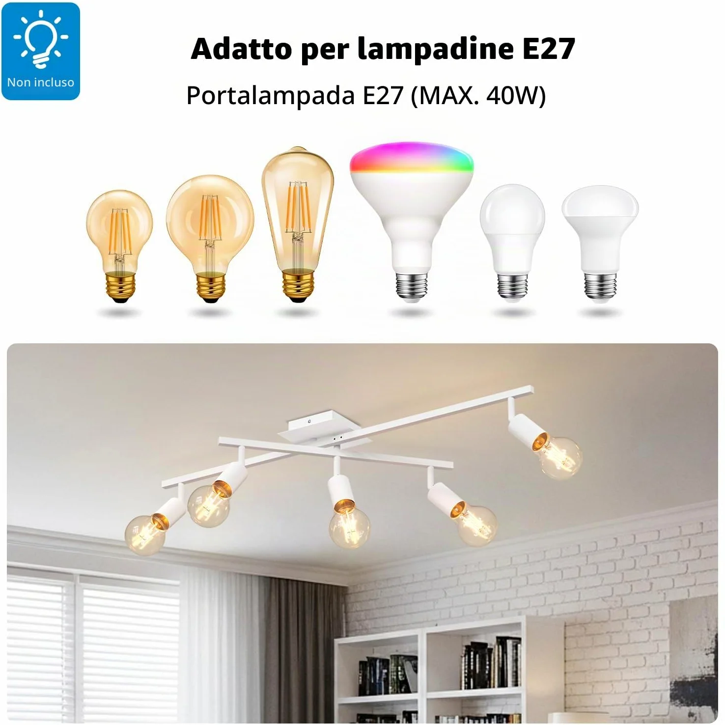 LVWIT Faretti Orientabili Bianco, Faretti Soffitto con 5 Attacco E27, Faretto da Interno Moderna, Lampadario Faretti per Barra, Salotto, Cameretta, Cucina,Corridoio Illuminazione (Senza Lampadina)