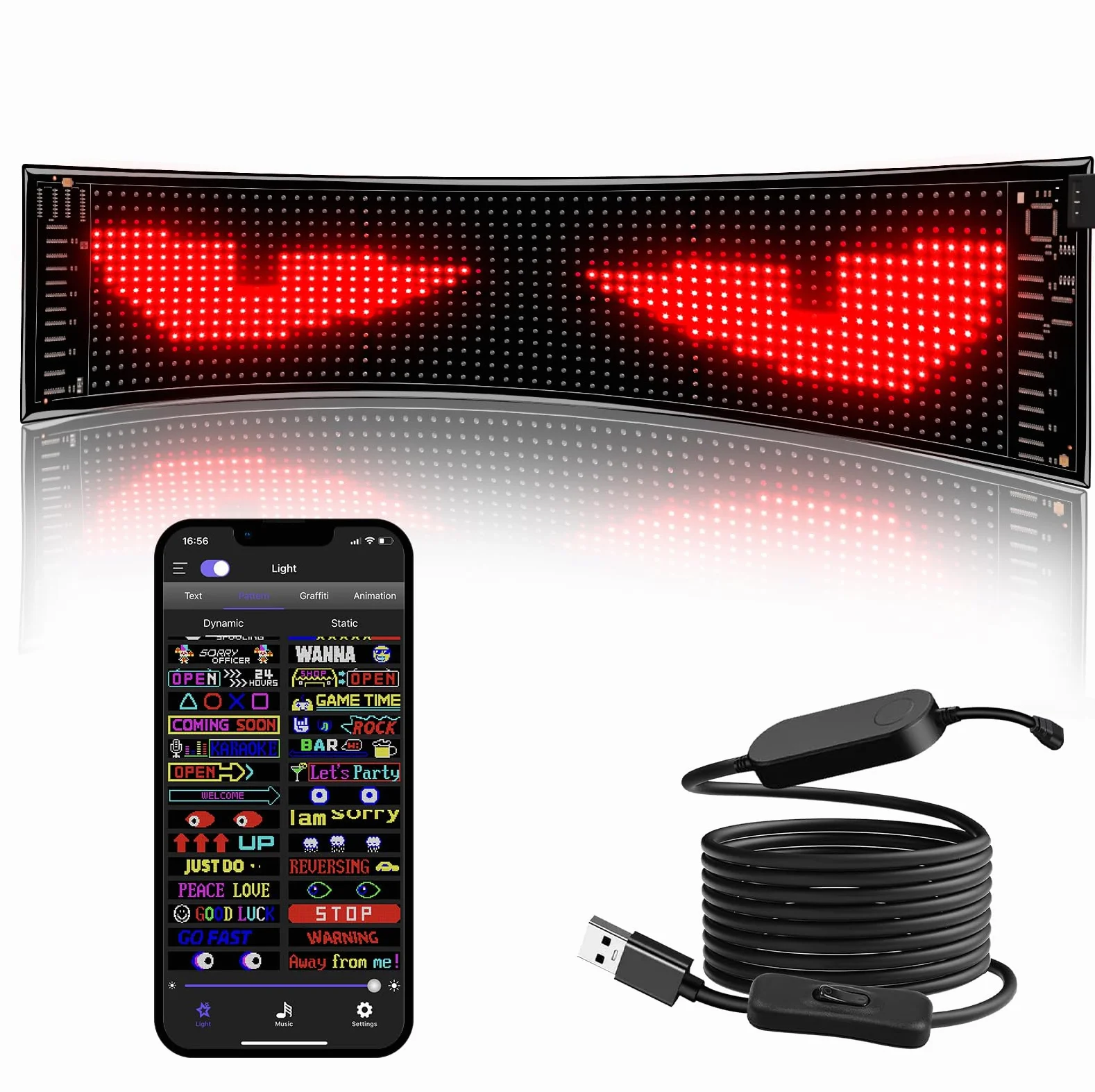 Insegna Luminoso LED Flessibile Programmabile | 59 X 12 cm | LED Display Personalizzabile USB 5V per Auto Camion | Controllo via App Bluetooth | per Negozio e Pubblicità