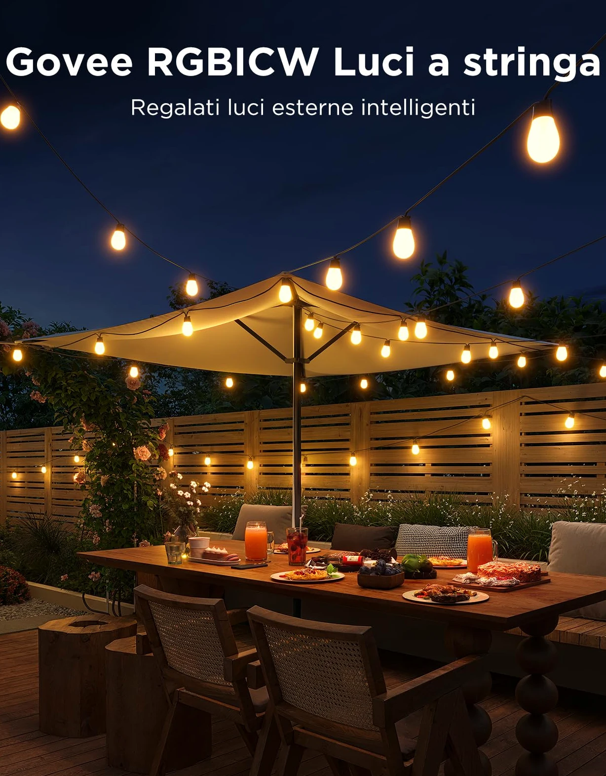 Govee Catena Luminosa Esterno, 15M Lampadine LED RGBIC Bianco Caldo, Controllo APP WiFi con Alexa Luci da Esterno, IP66 Impermeabile, 111 Modalità di Scena, Adatto per Giardino, Balcone, Gazebo