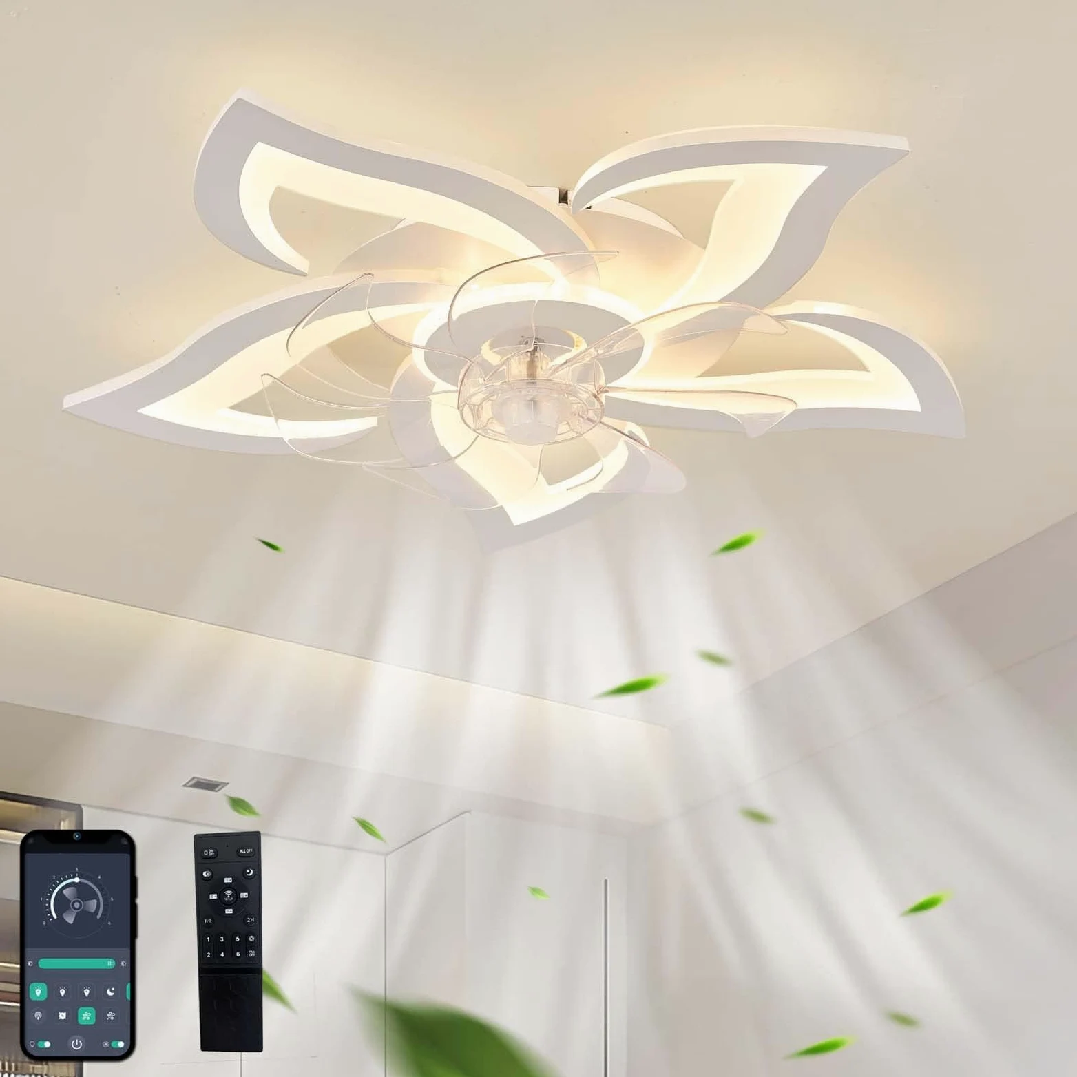 Lampadario Con Ventilatore Da Soffitto Design Silenzioso Moderno Dimmerabile DC Reversibile 6 Velocità Ventilatore Da Soffitto Con Luce E Telecomando Telecomando Per Camera Da Letto Salotto-White
