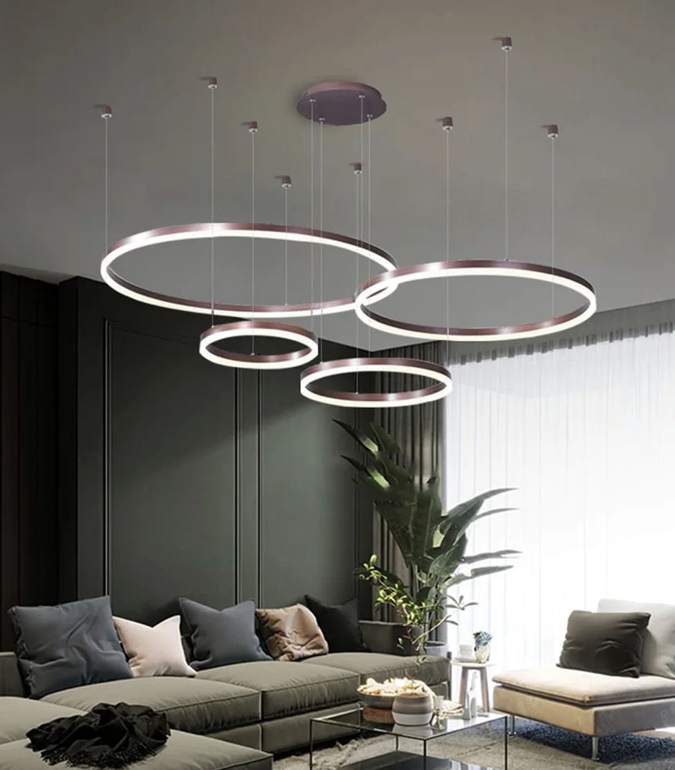 Moderna lampada a sospensione a LED, 4 anelli collezione di vernice oro, applique a sospensione a luce regolabile Lampadario a soffitto moderno, dimmerabile con telecomando 3000K-6000K - 68W (