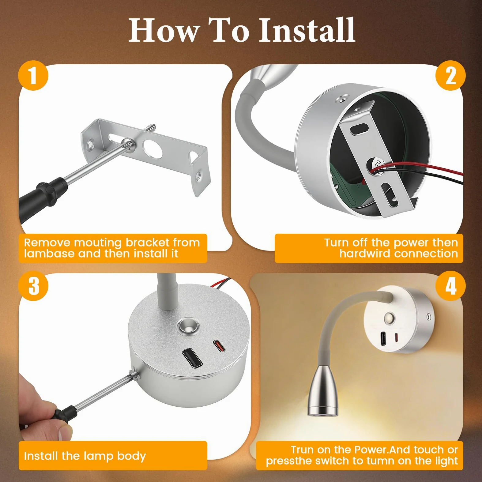 2 Pezzi Lampada da Lettura per Camper con Caricabatterie USB A+C, faretto da Parete a LED da 12 V, Lampada da Parete Flessibile a Collo D'Oca per Camper roulotte Barca Yacht (Argento)