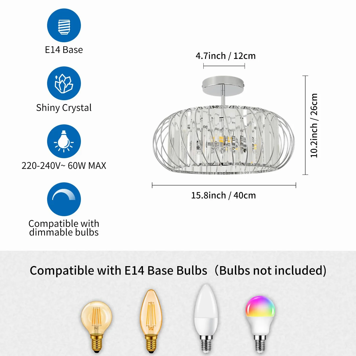 ANWIO Lampadari Cristallo Argento, Plafoniere Soggiorno Argento con 3 Luci, Lampadario a Sospensione Moderno E14, Plafoniere Vetro Per Camera da Letto, Ristorante, 40 CM (Senza Lampadine) Kitchen