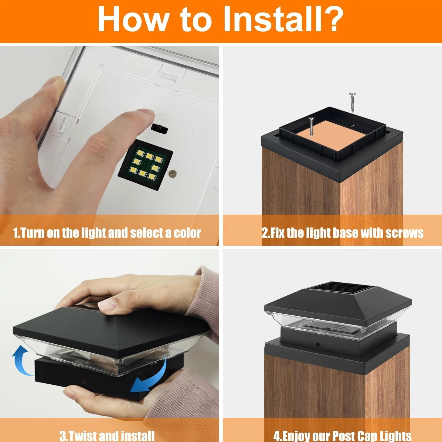 NATPOW Luce Solare Pilastro, 4 Pezzi 3000K/6000K Solare Pilastro Giardino, Auto ON/OFF Solari Esterno Giardino, IP65 Impermeabile per Patio Recinzione Pali