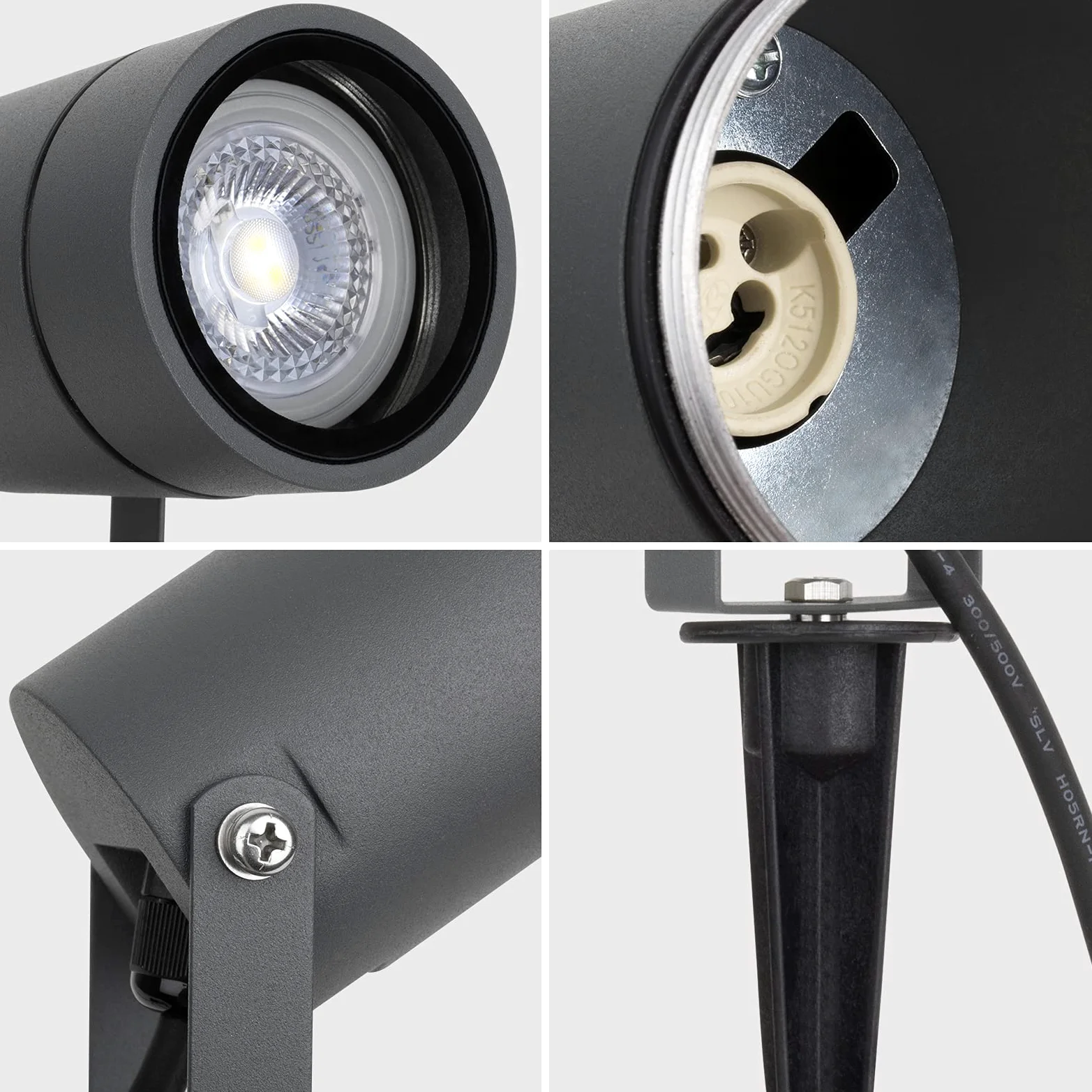 DAWALIGHT 4 Pezzi Faretto da Giardino con Picchetto GU10 LED 5W 3000K Bianco caldo IP65 Impermeabile Luci a Picchetto da Giardino per Terrazza Prato Vialetto, Alluminio, Grigio scuro
