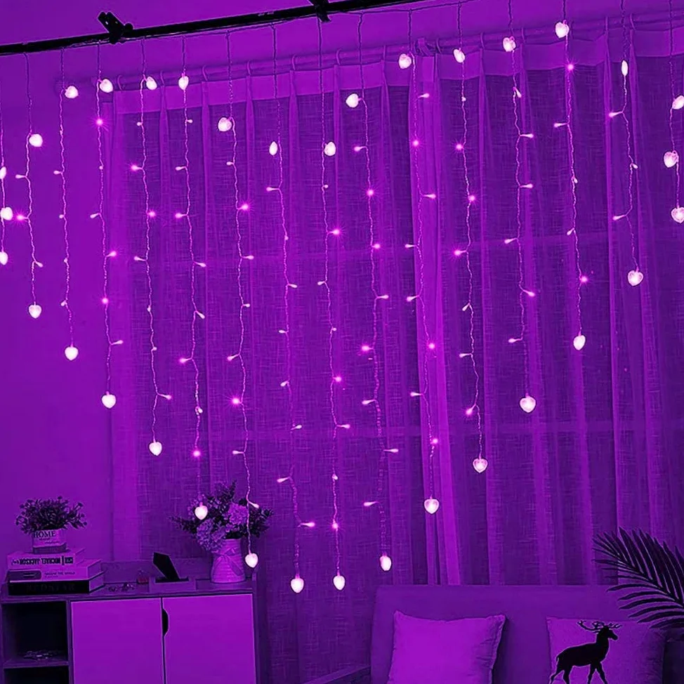 Luci fatate, Tenda Luminosa a Forma Cuore, 124 LED 124 LED 2M x 1.5M Tenda Luminosa a Forma Cuore Lampadario Porta USB Feste Camera Letto Matrimonio Decorare