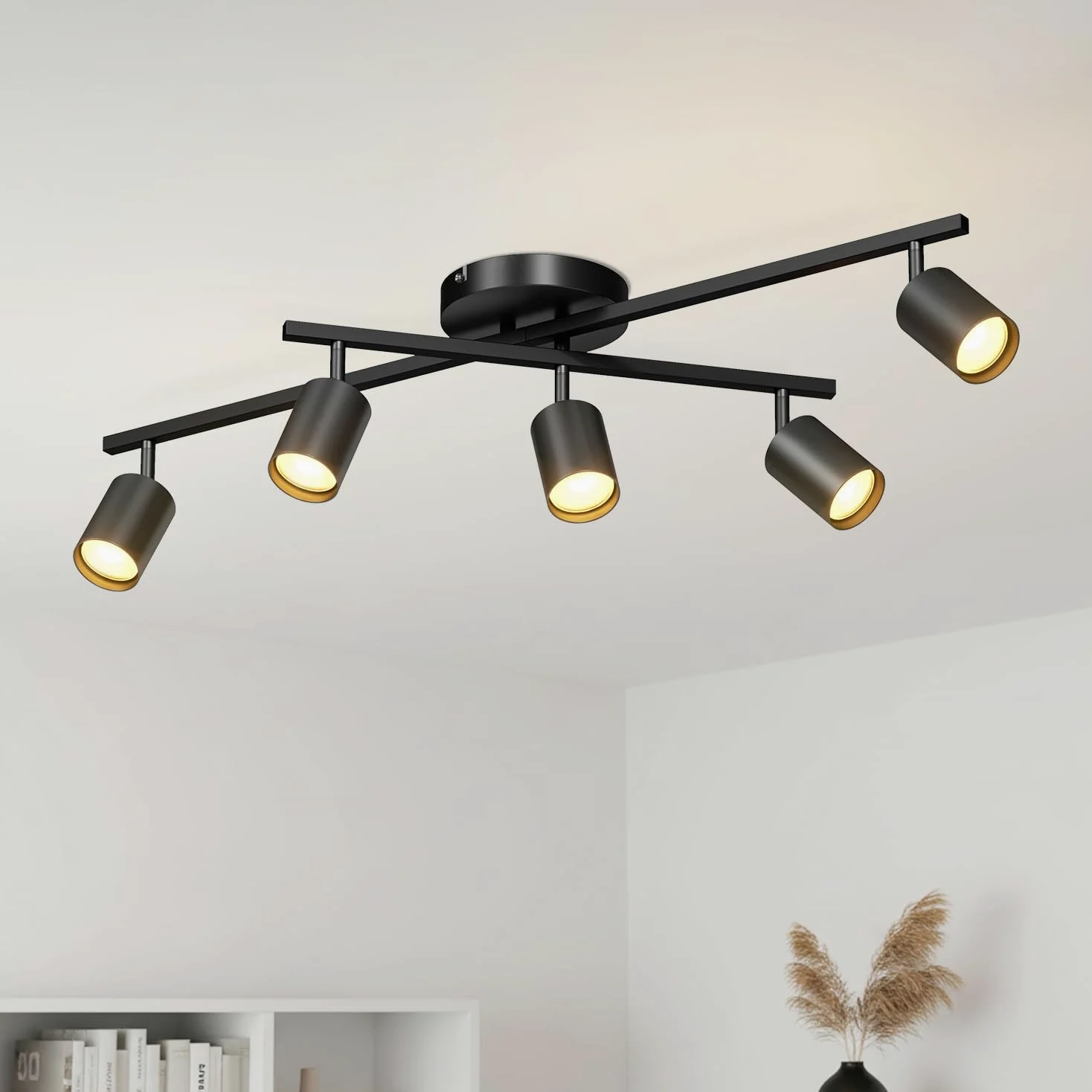 LVWIT Faretti Orientabili Nero, Faretti Soffitto con 5 Attacco GU10, Faretto da Interno Moderna, Lampadario Faretti per Barra, Salotto, Cameretta, Cucina,Corridoio Illuminazione (Senza Lampadina)