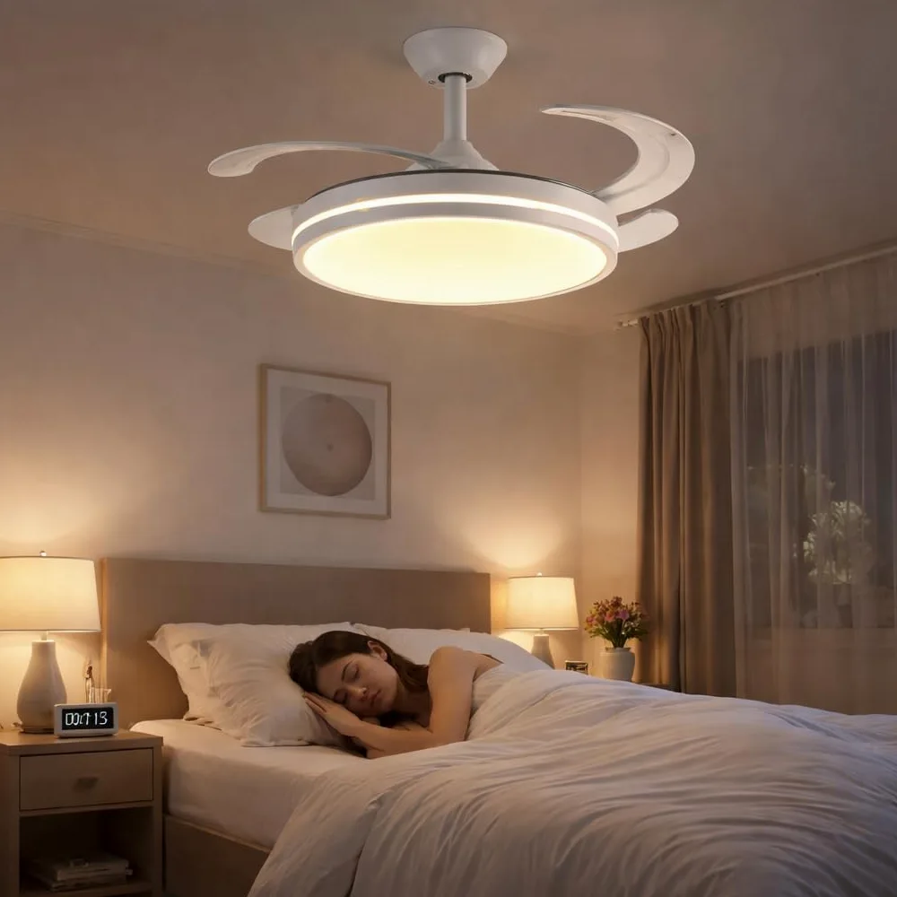 Generico Ventilatore da Soffitto con Luce LED, Pale Retrattili 120 cm, Telecomando Incluso, 3 Temperature Luce, 6 Velocità, Timer, Design Moderno per Soggiorno Camera da Letto