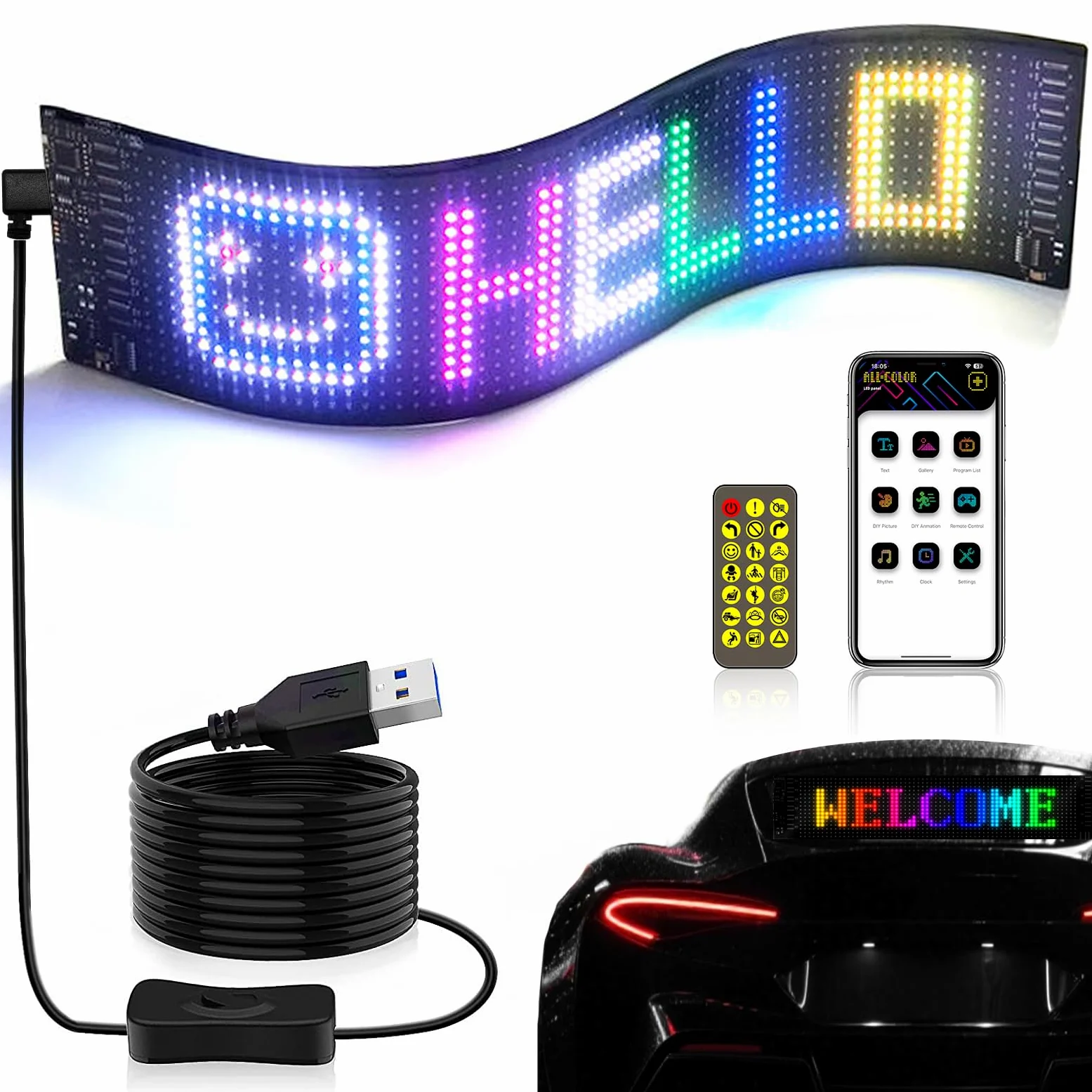 Insegna Luminosa LED Pannello LED Programmabile 37.5x9cm USB 5V Schermo Flessibile Scorrimento Matrice con Bluetooth APP Controllo Display per Auto Bar Negozio Festa Decorazione