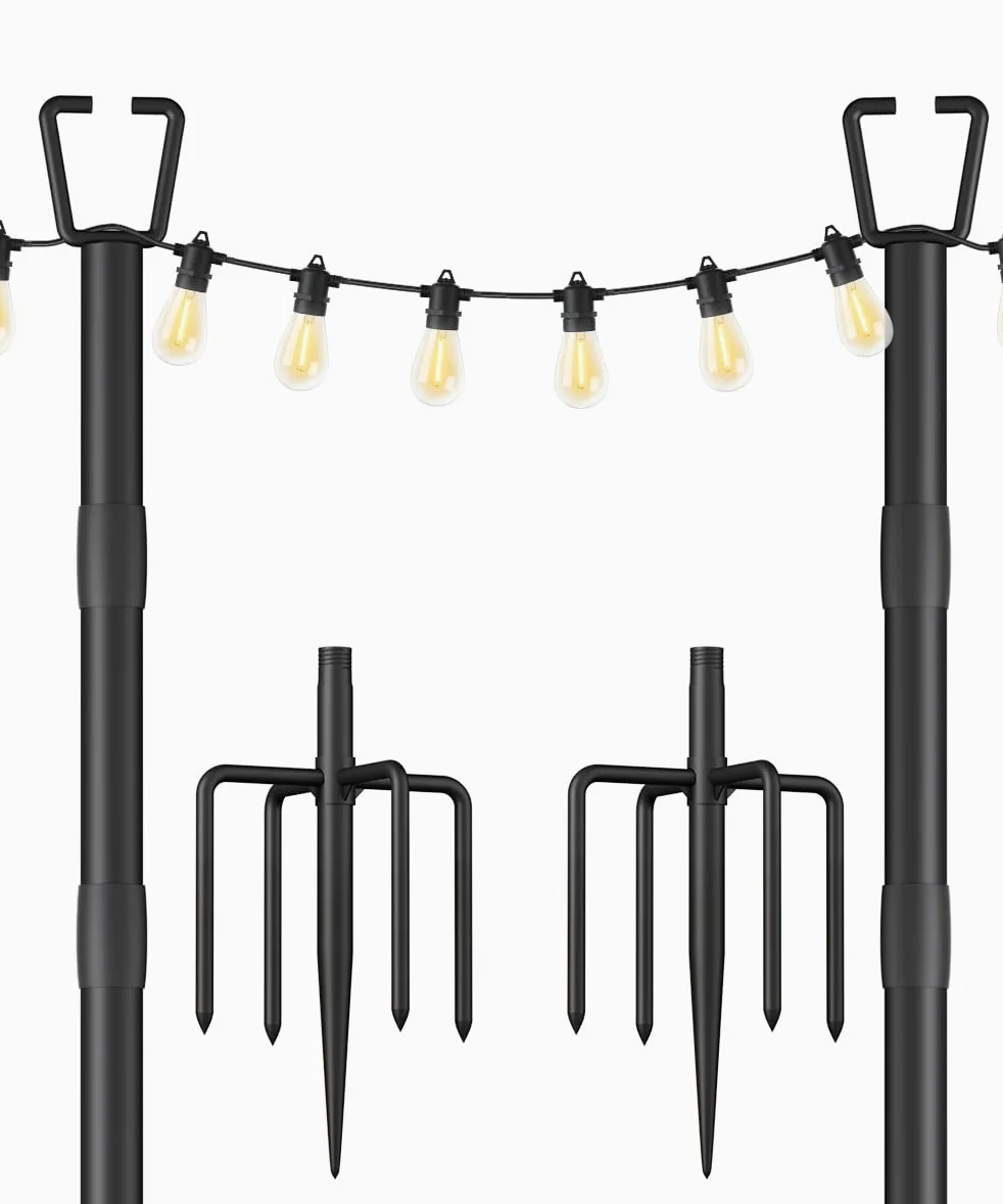 Confezione da 2 pali luminosi da 3 m per decorazione esterna, robusto palo luminoso con forchetta, pali in metallo regolabili per patio esterno, cortile, terrazza, giardino, feste, matrimoni