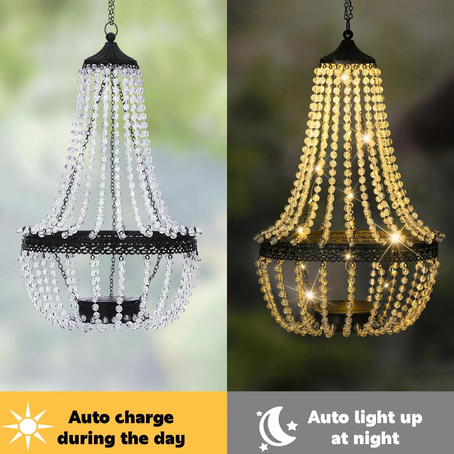 Lampadario solare sospeso per esterni, 30 luci bianche calde, lampadario in perline acriliche con ganci a S, lanterna moderna per decorazioni da giardino, cortile, patio, gazebo, 71 cm di altezza
