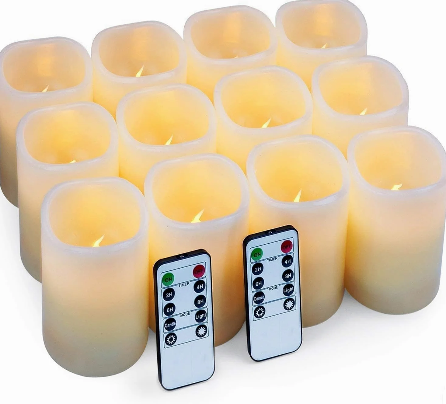 Candele senza fiamma, a batteria, set da 12 (diametro: 7,6 cm x altezza: 10,2 cm), candele a pilastro in vera cera, senza fiamma, con telecomando e timer (colore avorio)