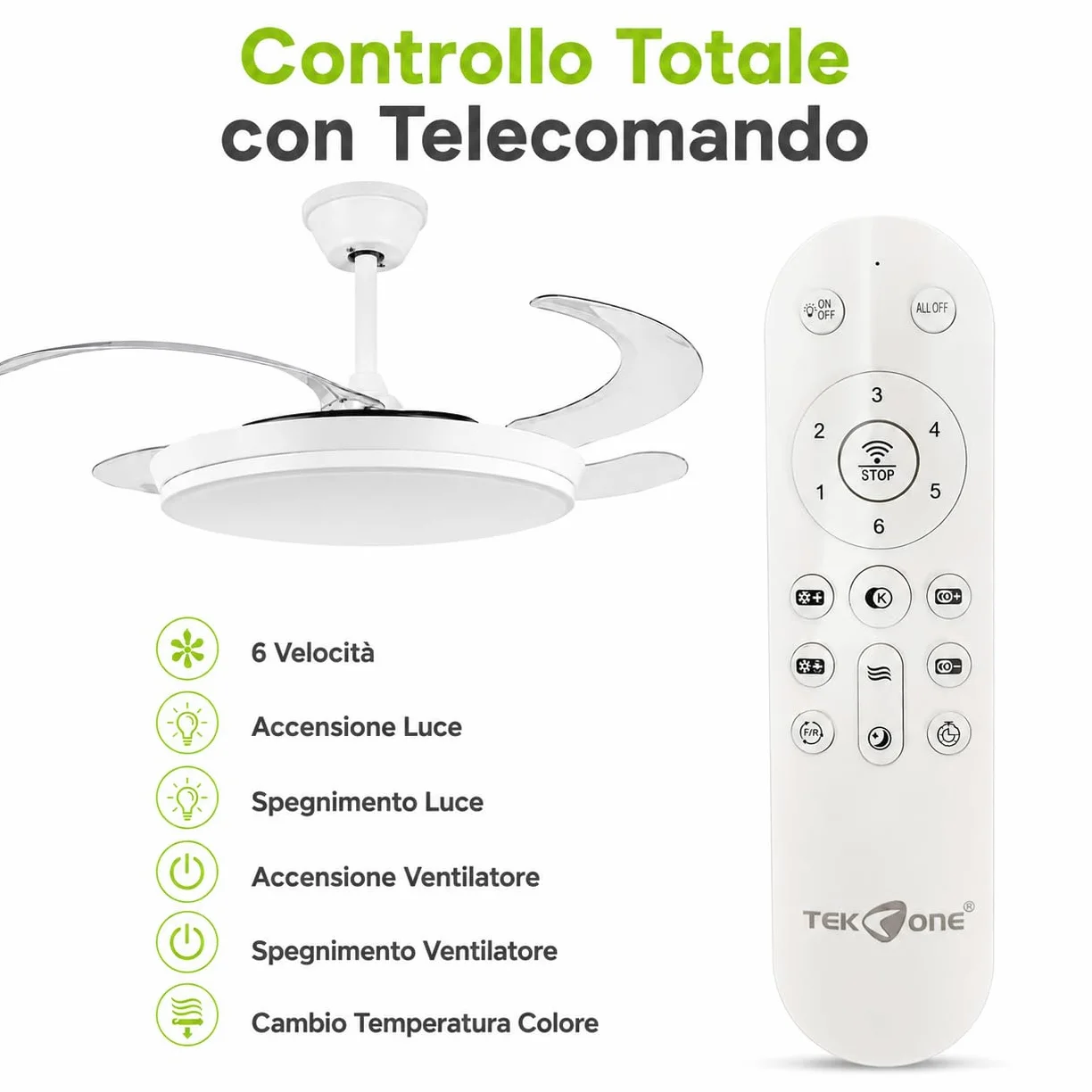 Ventilatore da Soffitto con Luce LED 36W e Telecomando | Pale Retrattili 106 cm | 6 Velocità Motore DC | CCT 3000K 4000K 6500K | Lampadario Ventilatore Moderno