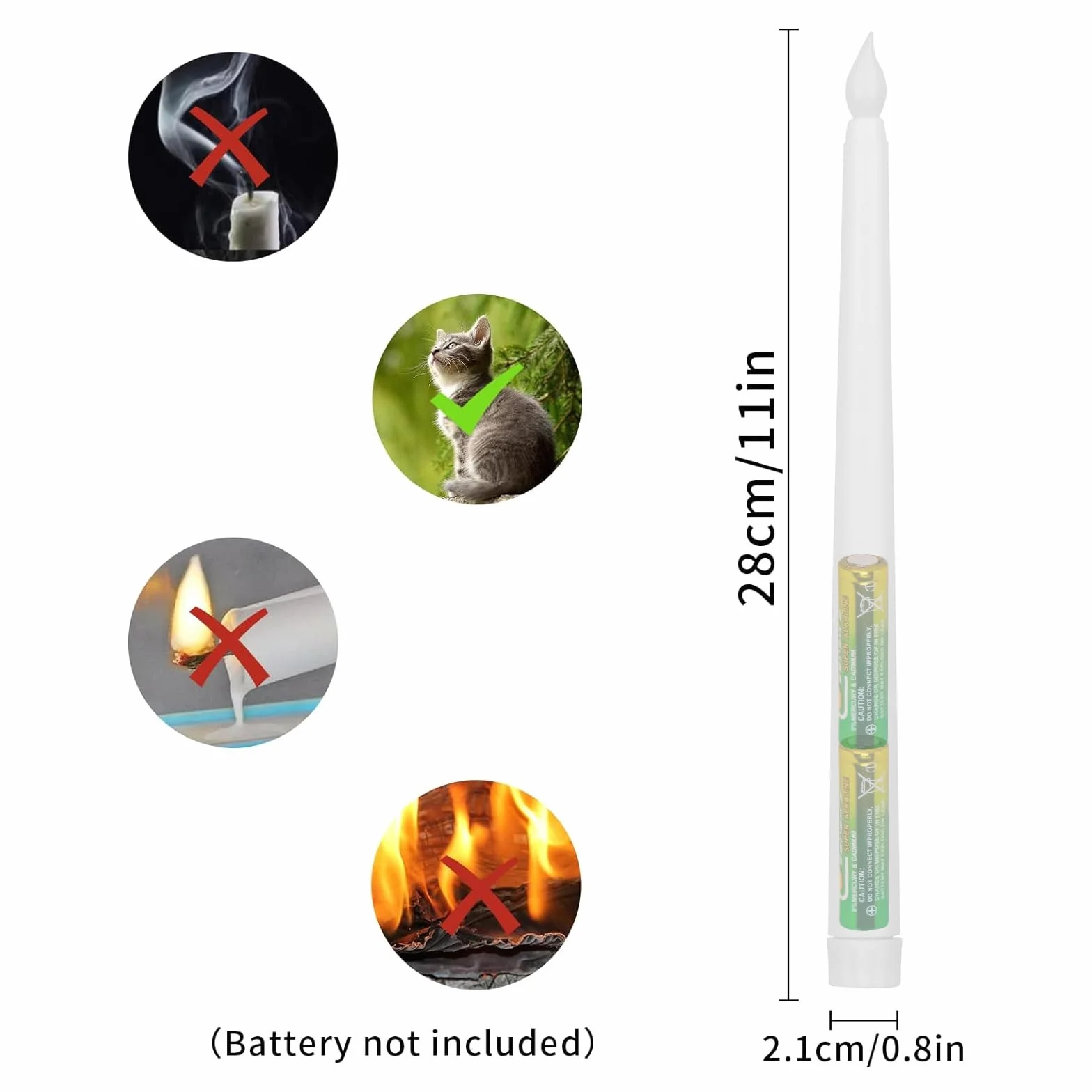 24 Pezzi Candele LED Elettriche, Candele Senza Fiamma, Candele a Batteria, Candele Coniche Led Fiamma Tremolante per Natale, Ringraziamento, Festa (Bianco, 2.1 x 28 cm)