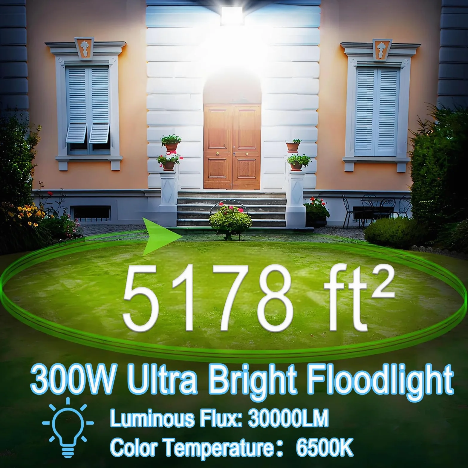 2 Pezzi Faro LED Esterno 300W, 1M Cavo Bianco Freddo 6500K,IP66 Impermeabile Farettdao LED Esterno, 30000LM Faretti LED Esterno, per Giardini, Terrazze, Cortili, Balconi, Parchi, Garage