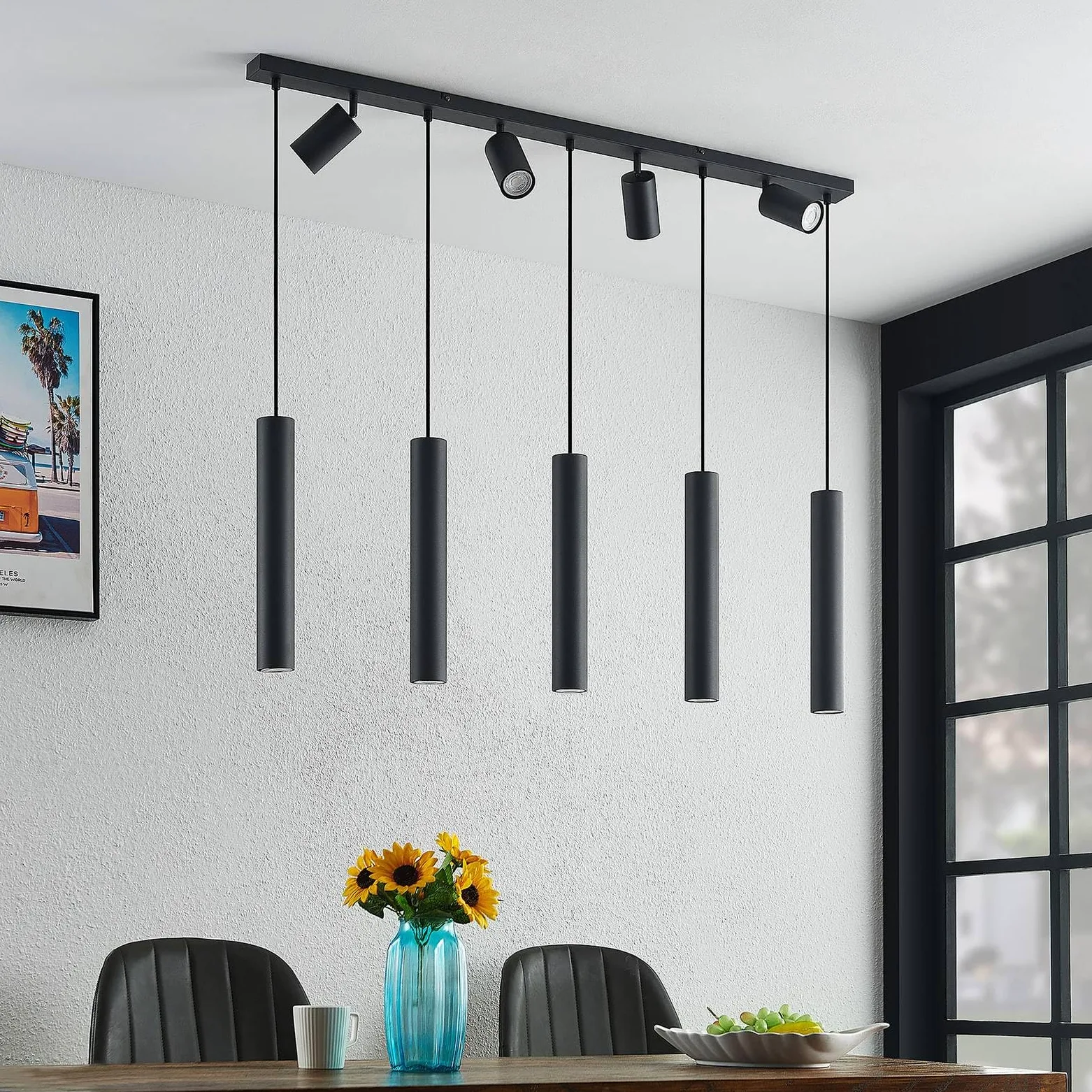 Lindby Lampada a Sospensione 9 Luci Nera 116 cm, Lampadario con Faretti Orientabili e Pendenti Cilindrici GU10 Moderne Lampade Sospese per Cucina Sala da Pranzo Soggiorno