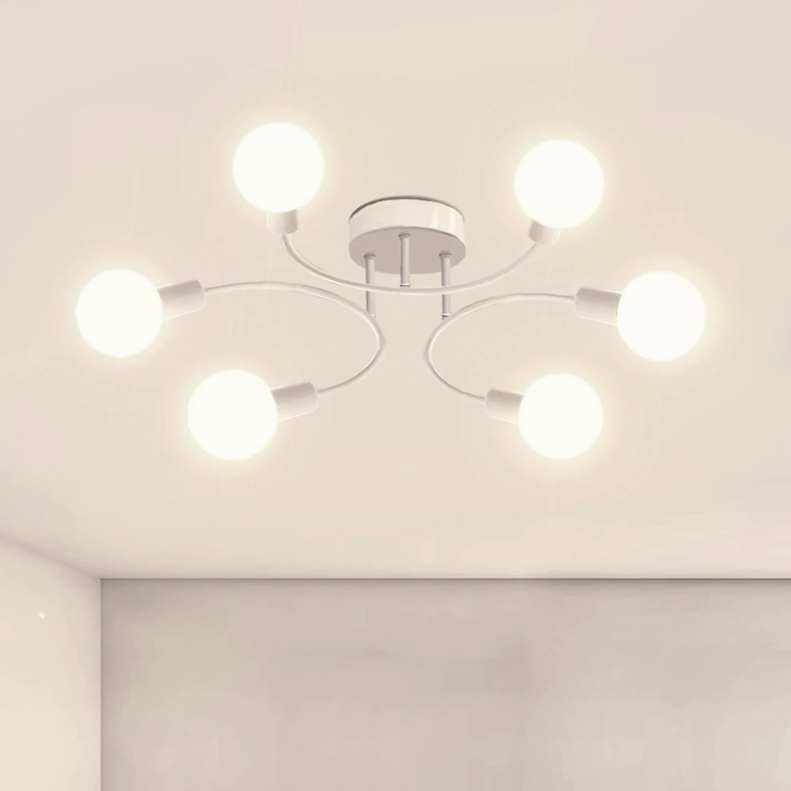 Lampadario Soggiorno Industriale,6 Luci Plafoniera Soffitto Vintage E27,Lampada da Soffitto Bianco, Plafoniera Sputnik per Camera da Letto, Soggiorno, Cucina.Diametro 70CM(Senza Lampadina)