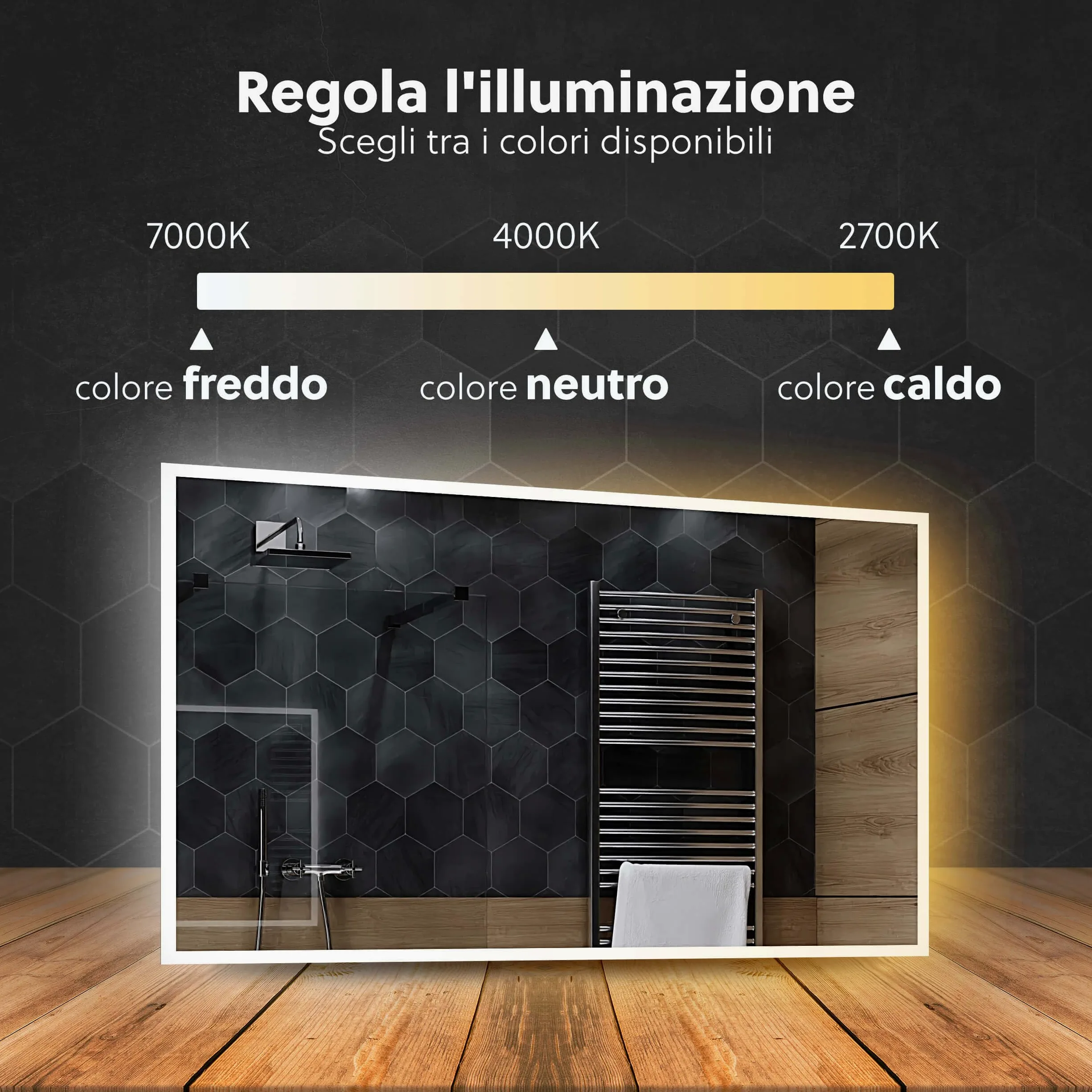 Boston Specchio Bagno LED 100x90cm Antiappannamento, Retroilluminato, Personalizzabile, Rettangolare, Selezione Colore Luce