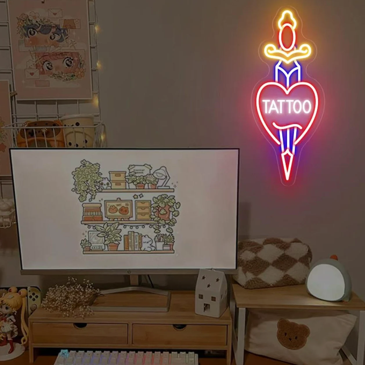 Tattoo - Insegna al neon dimmerabile, per tatuaggi, luci aperte, per salone di bellezza, decorazione da parete per salone di bellezza, per salone di bellezza, per salone, studio, azienda