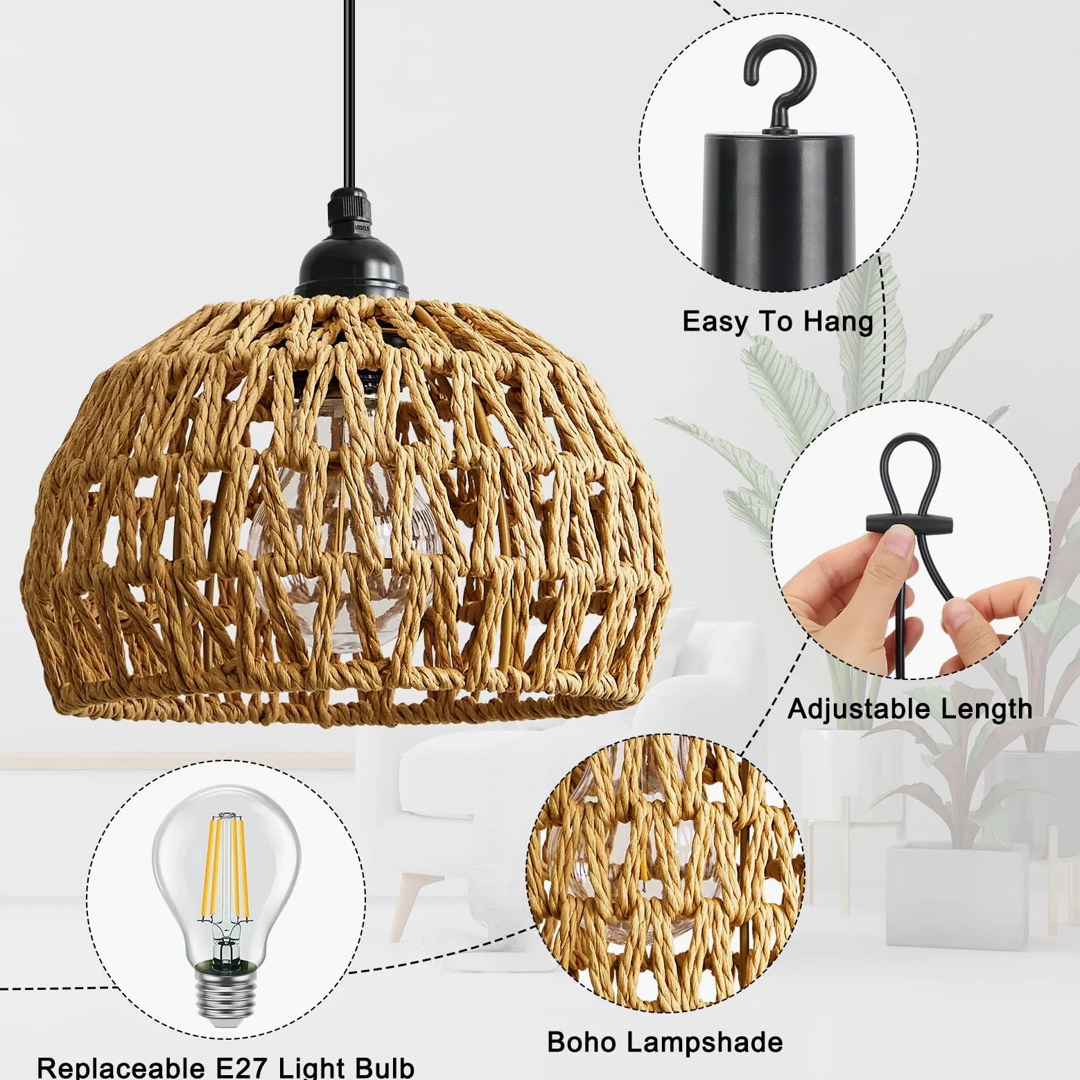 Lightess LampadariLightess 3x Lampadario con Batteria - Lampada a Sospensione Portatile Dimmerabile Telecomando, IP65 per Esterni e Interni, Stile Boho, per Giardino, Terrazza, Tavolo (Senza Fili)