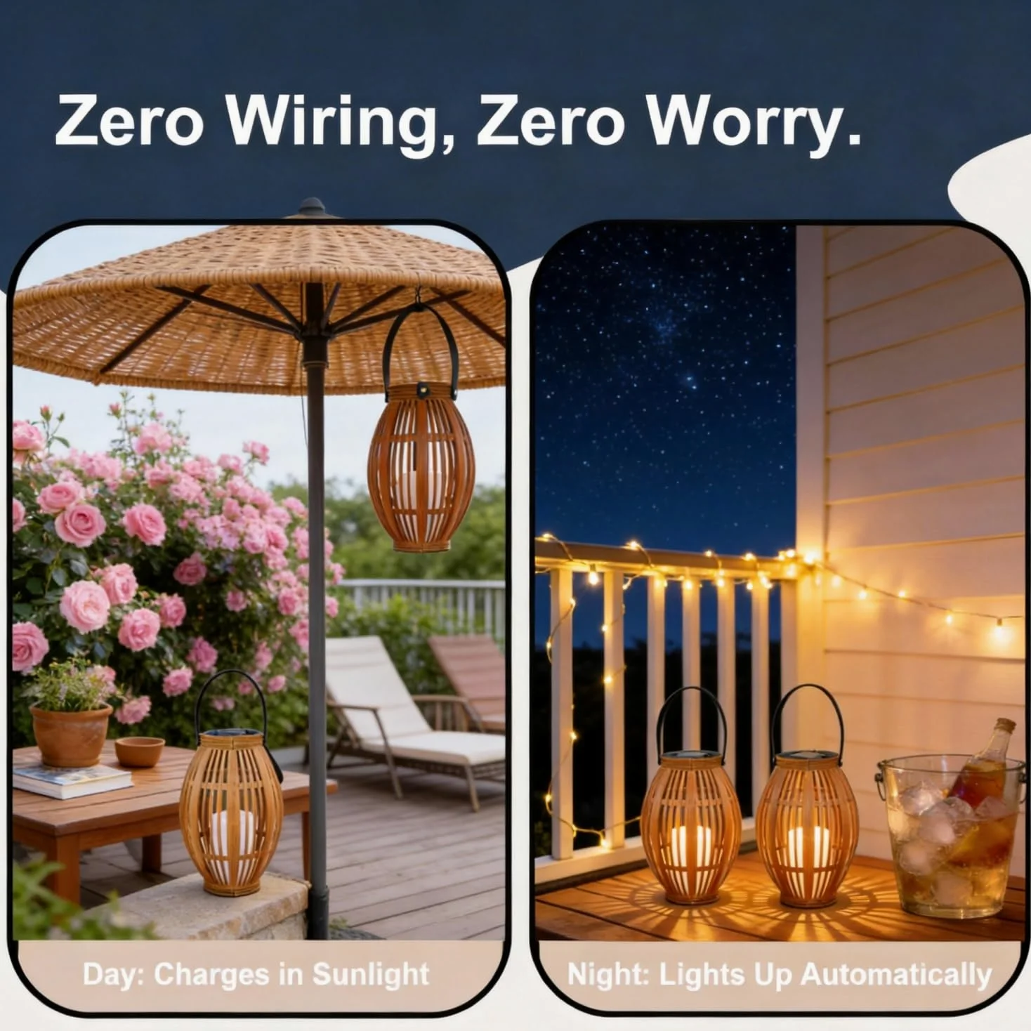 Confezione da 2 lanterne a energia solare con luce LED, design decorativo in tessuto, naturale e nero, per appendere all'aperto