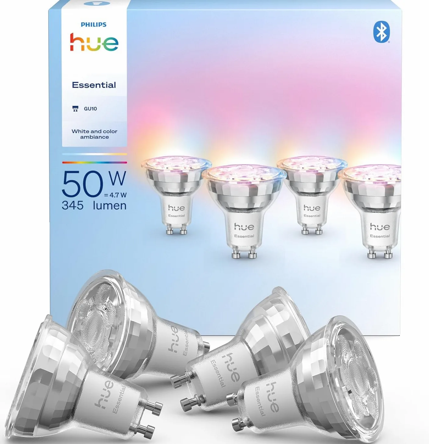 Philips Hue Essential Smart LED GU10 (Confezione da 4), Lampadina smart con luce bianca e colorata, Lampadina intelligente 4.7 W, Luce smart compatibile con Alexa, Google Assistant e Apple Home