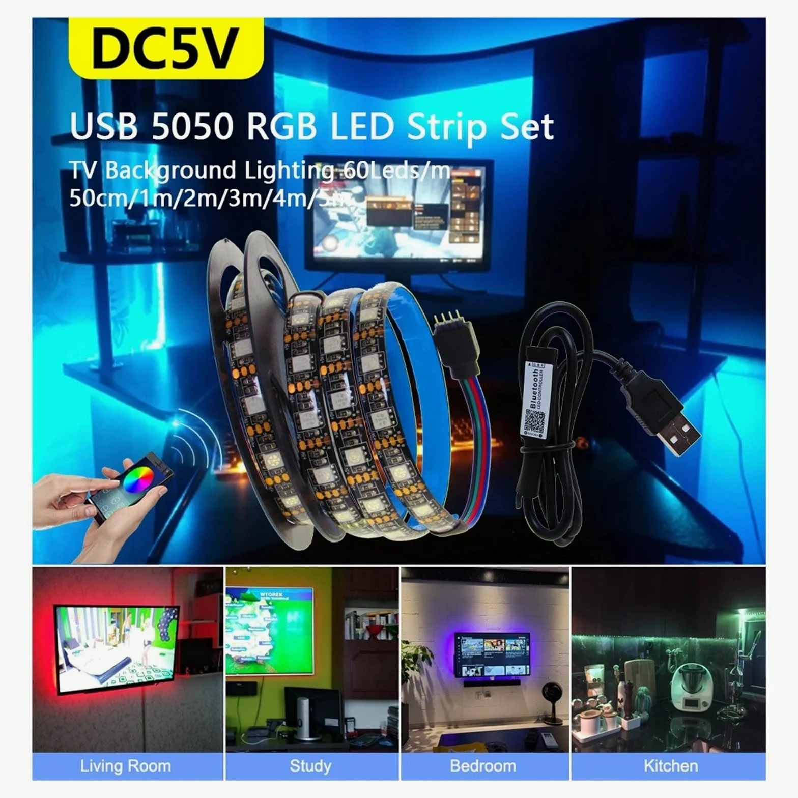 Striscia LED USB RGB 5V PCB nera for retroilluminazione TV(IP65 Waterproof,WITH 17KEY USB SET_5M_60LED PER METER)