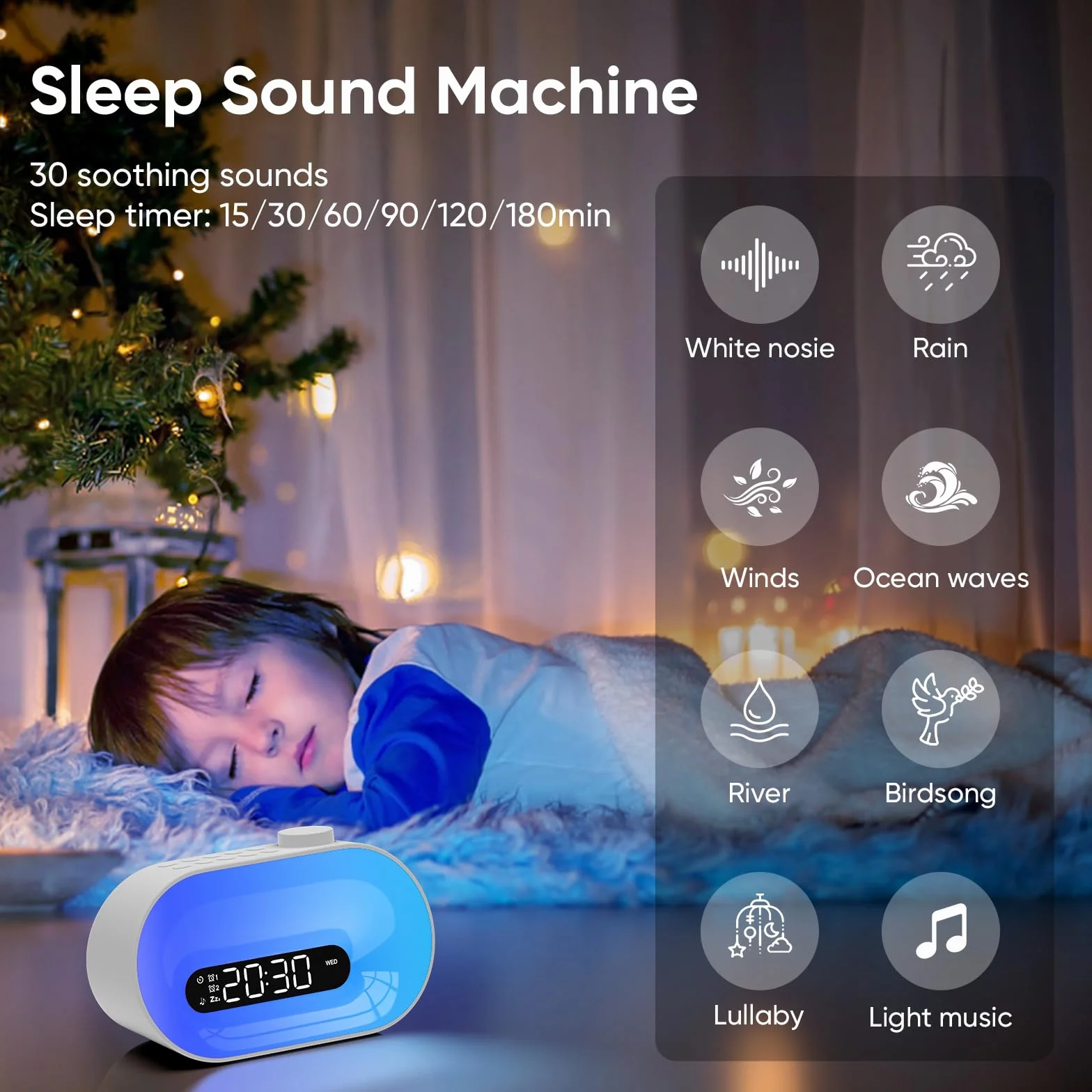 Macchina sonora bianca con 30 suoni del sonno, 14 luci notturne, dimmer 0-100%, doppio allarme, timer, lampada da comodino dimmerabile sveglia per bambini, adulti dormienti pesanti, camere da letto