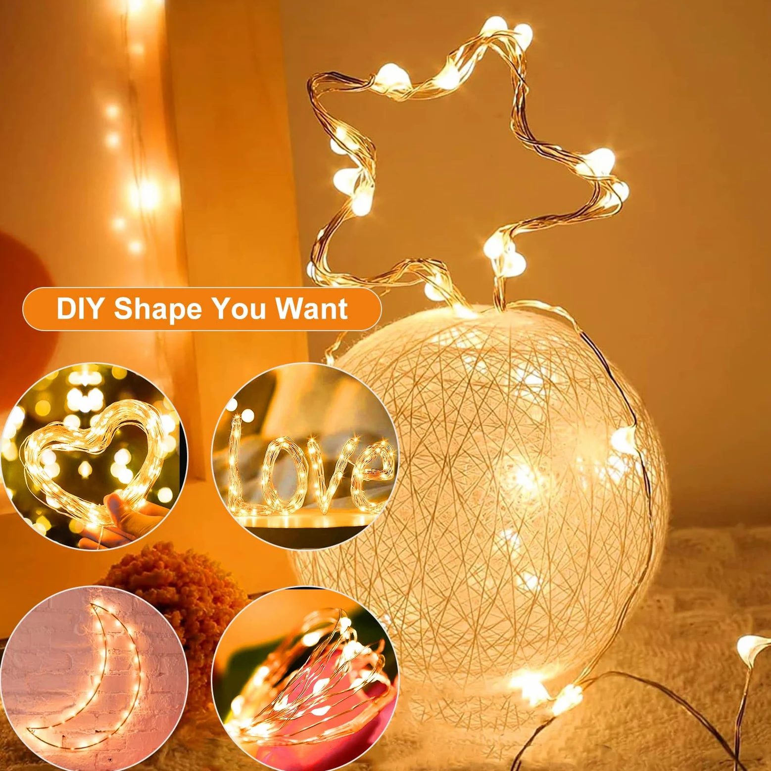 Ghirlanda di luci a forma di luna stellata, impermeabile, funzionamento a batteria, 2,8 m, 20 LED, per fai da te, Natale, matrimoni, feste, camera da letto (bianco caldo, confezione da 50)