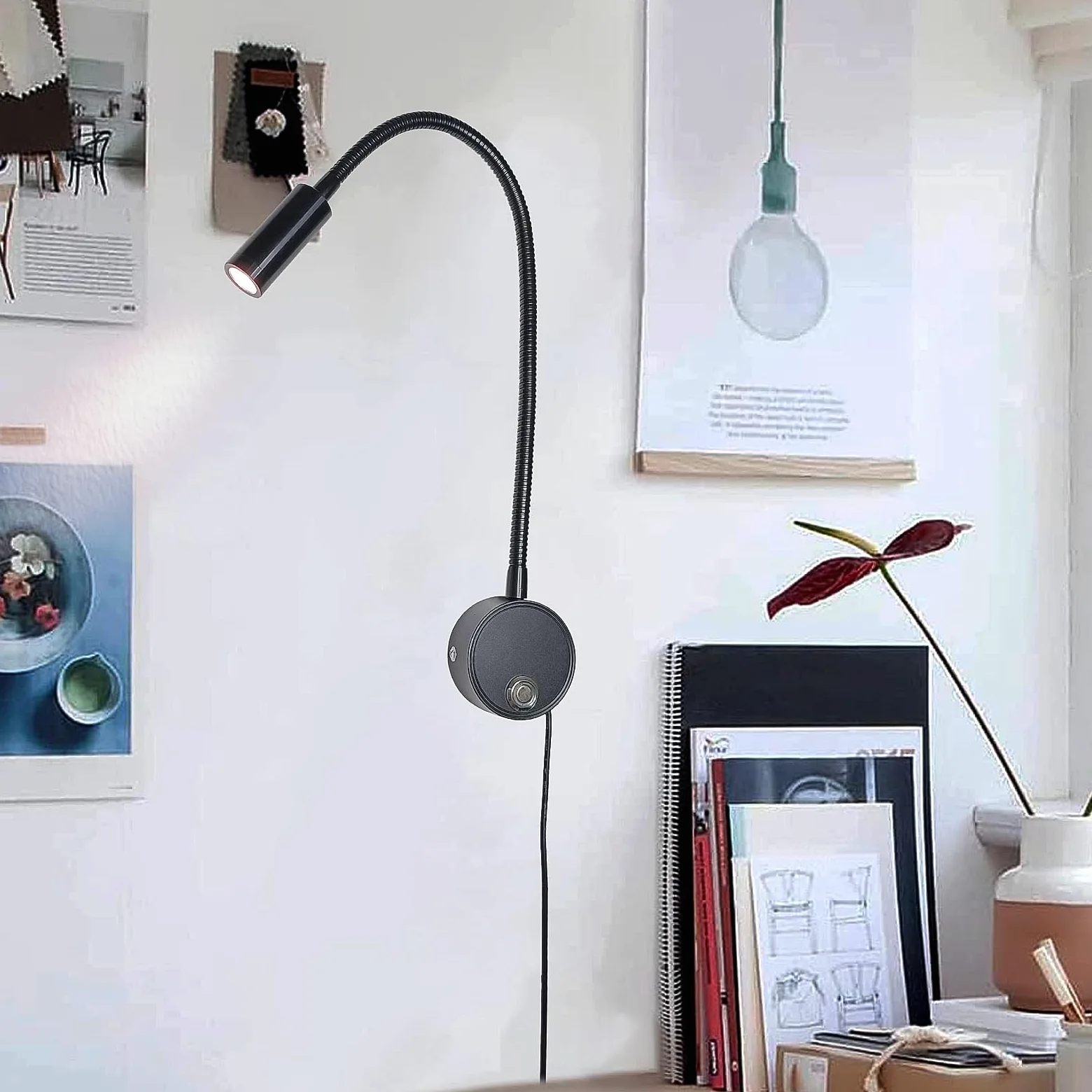 2 pezzi 3W Applique da Parete interno, Lampada da Lettura Muro Dimmerabile Touch con Porta di Ricarica USB, 3000K-6000K LED Luce da Letto Flessibile a Collo di Cigno Illuminazione Comodino, Nero