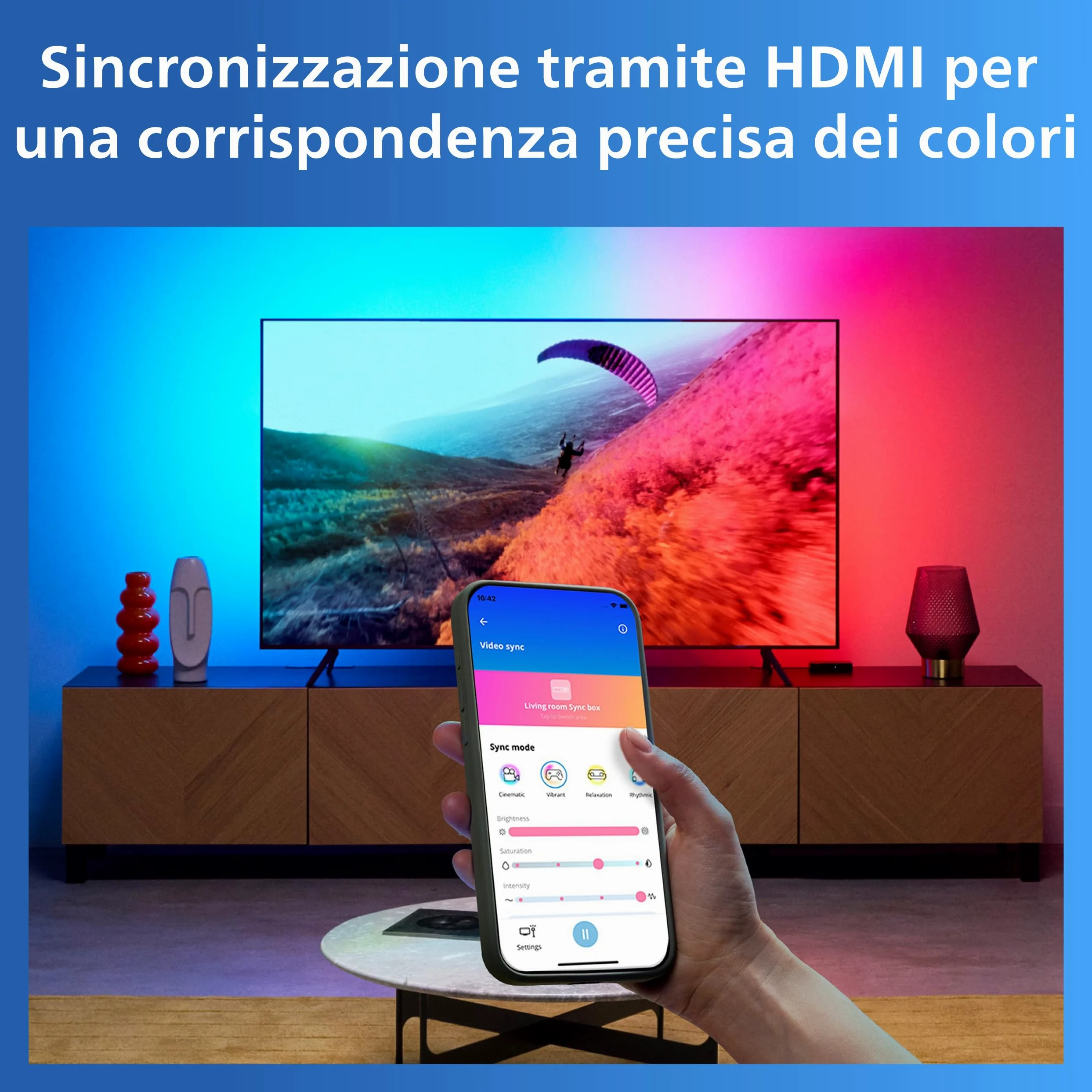 Philips Smart Lighting HDMI Sync Box, Striscia LED RGBIC per TV 55-65" | Luce dietro TV, Dimmerabile, Sincronizzazione con film e musica, HDMI 2.0 4K a 60 Hz, Smart Home, Compatibile con WiZ
